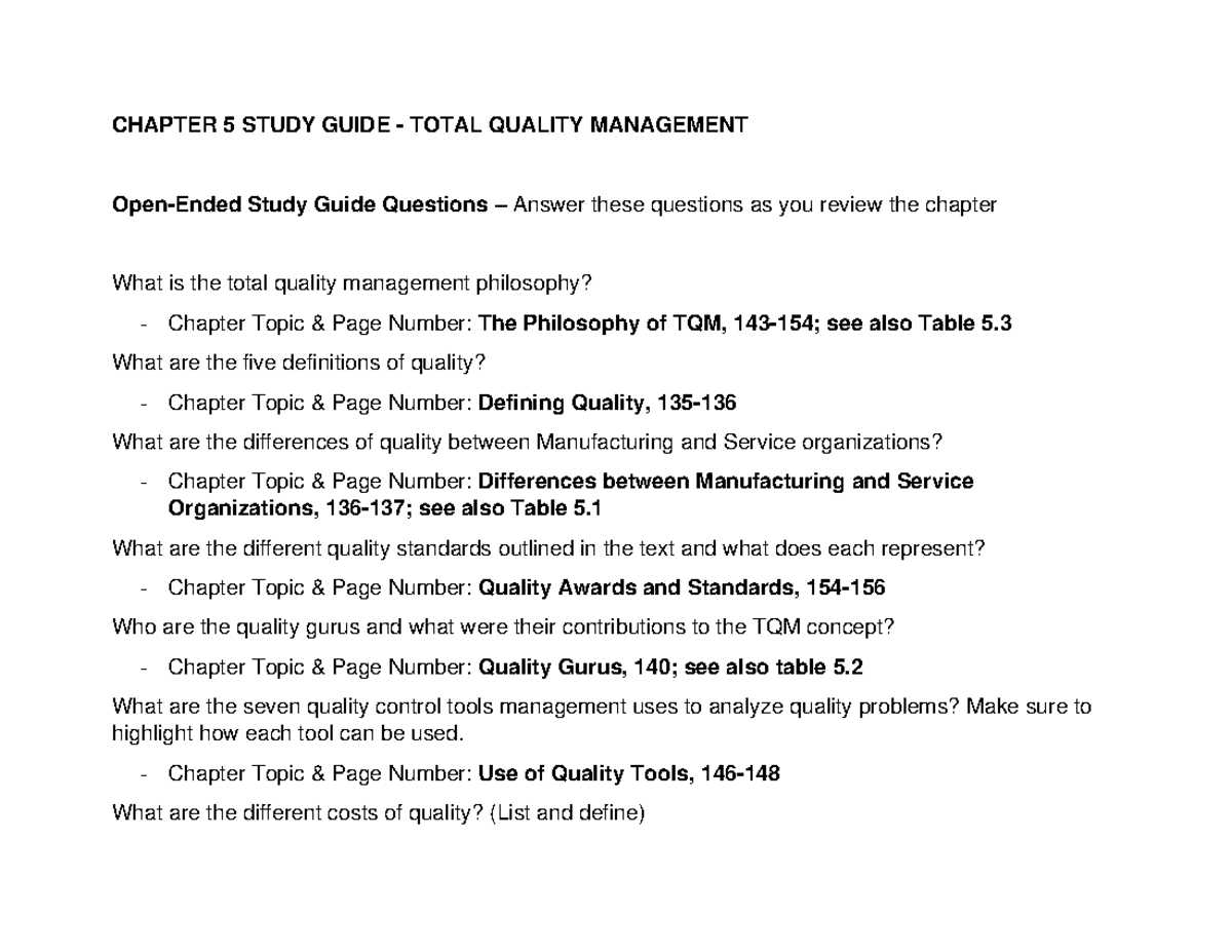 C215 Chapter 5 - Study Guide - CHAPTER 5 STUDY GUIDE - TOTAL QUALITY ...