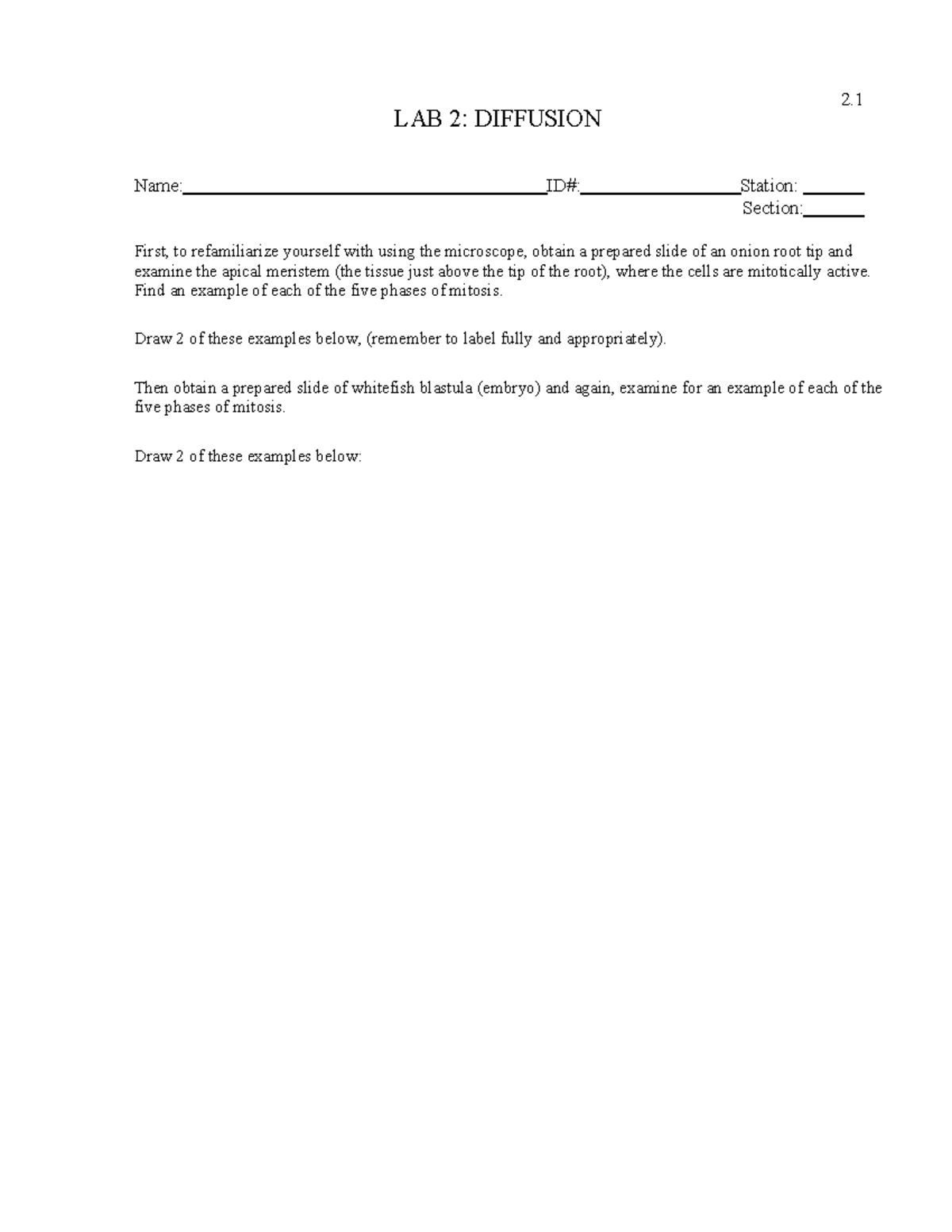 BIOL 201 fall 2020 lab 02 in person labs - LAB 2: DIFFUSION Name: ID ...