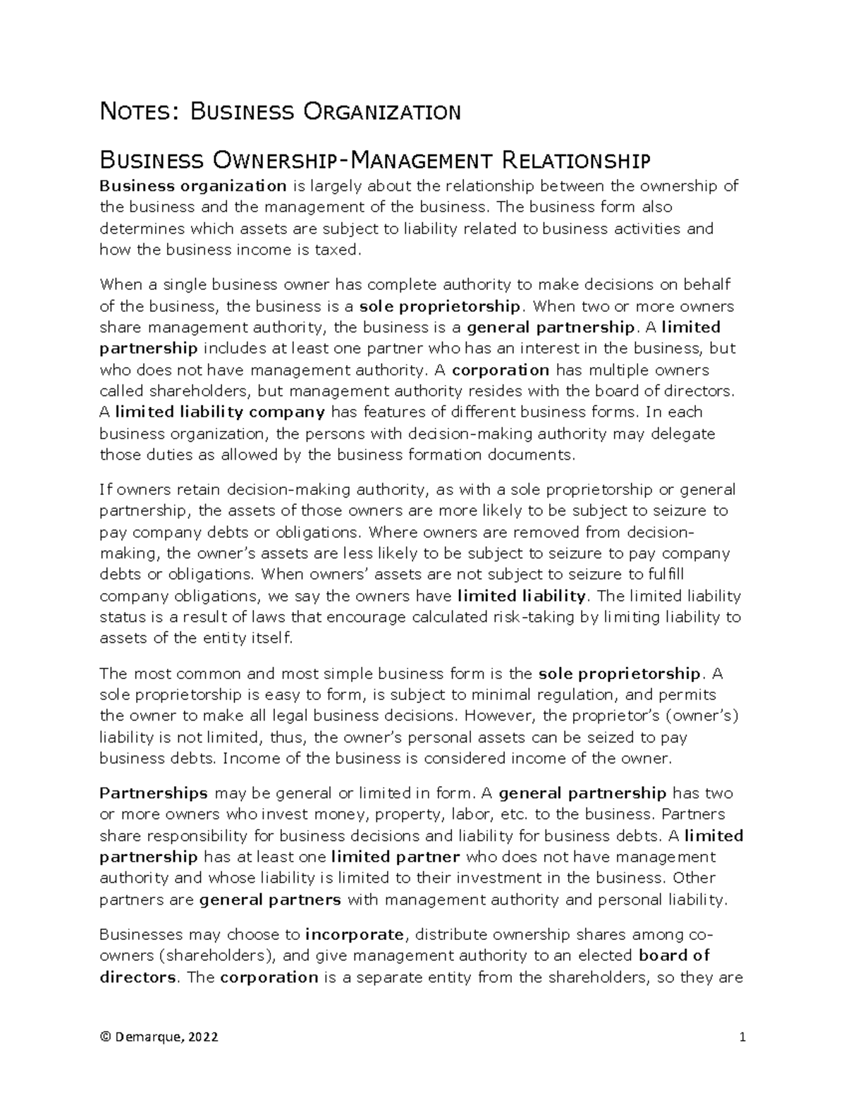 Notes Business Organizations - NOTES: BUSINESS ORGANIZATION BUSINESS ...
