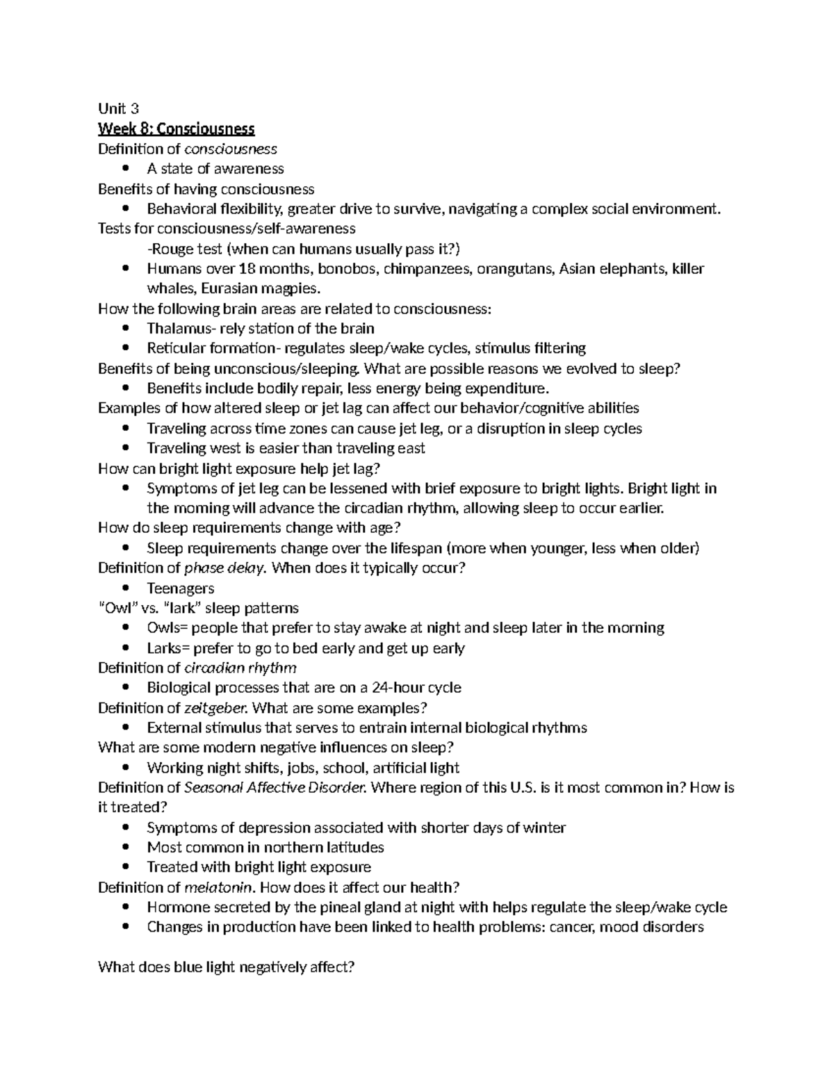 Unit 3 Study Guide - .... - Unit 3 Week 8: Consciousness Definition of ...