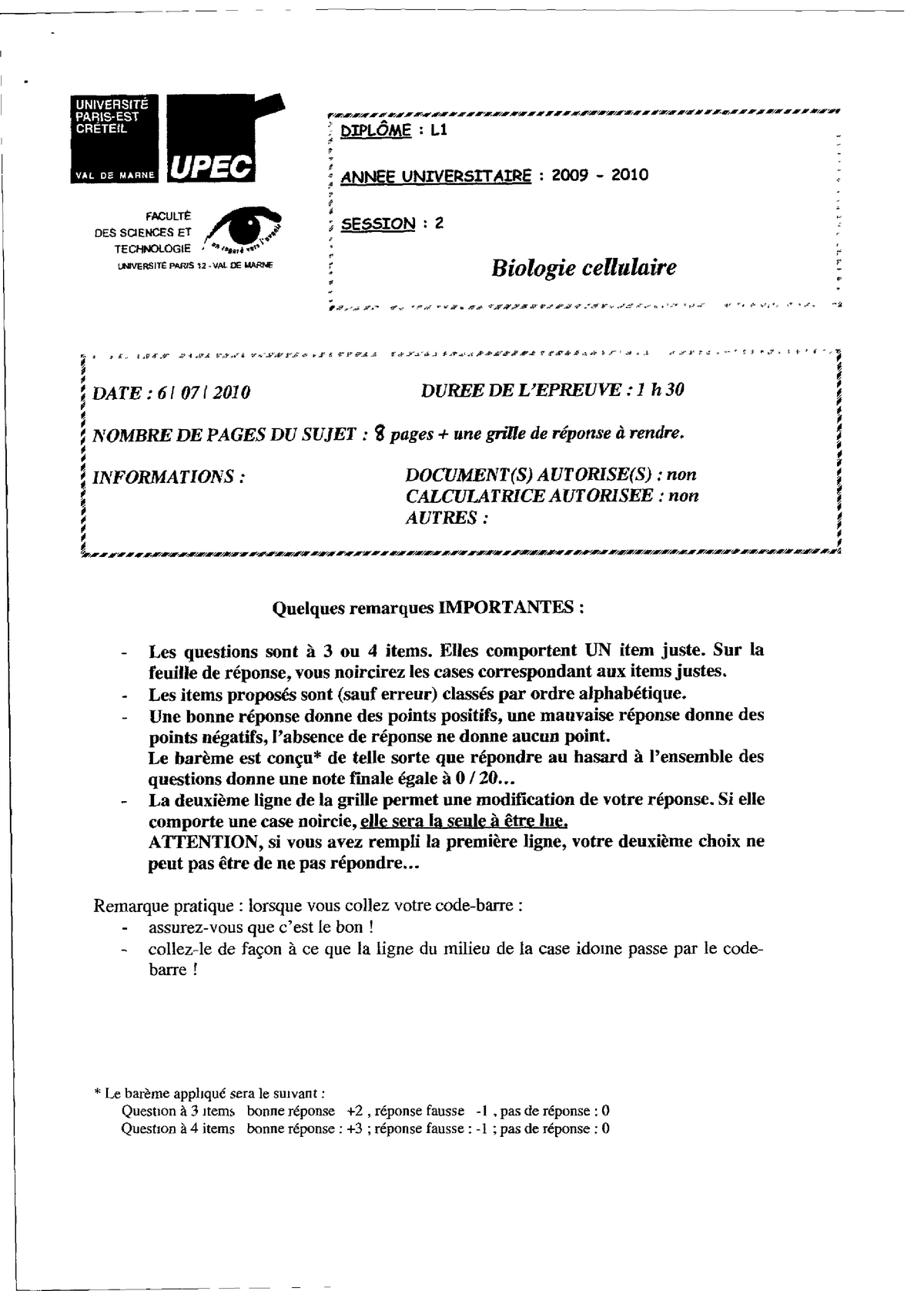 Annales + Correction Biologie Cellulaire L1 CB SVT - Licence Sciences ...