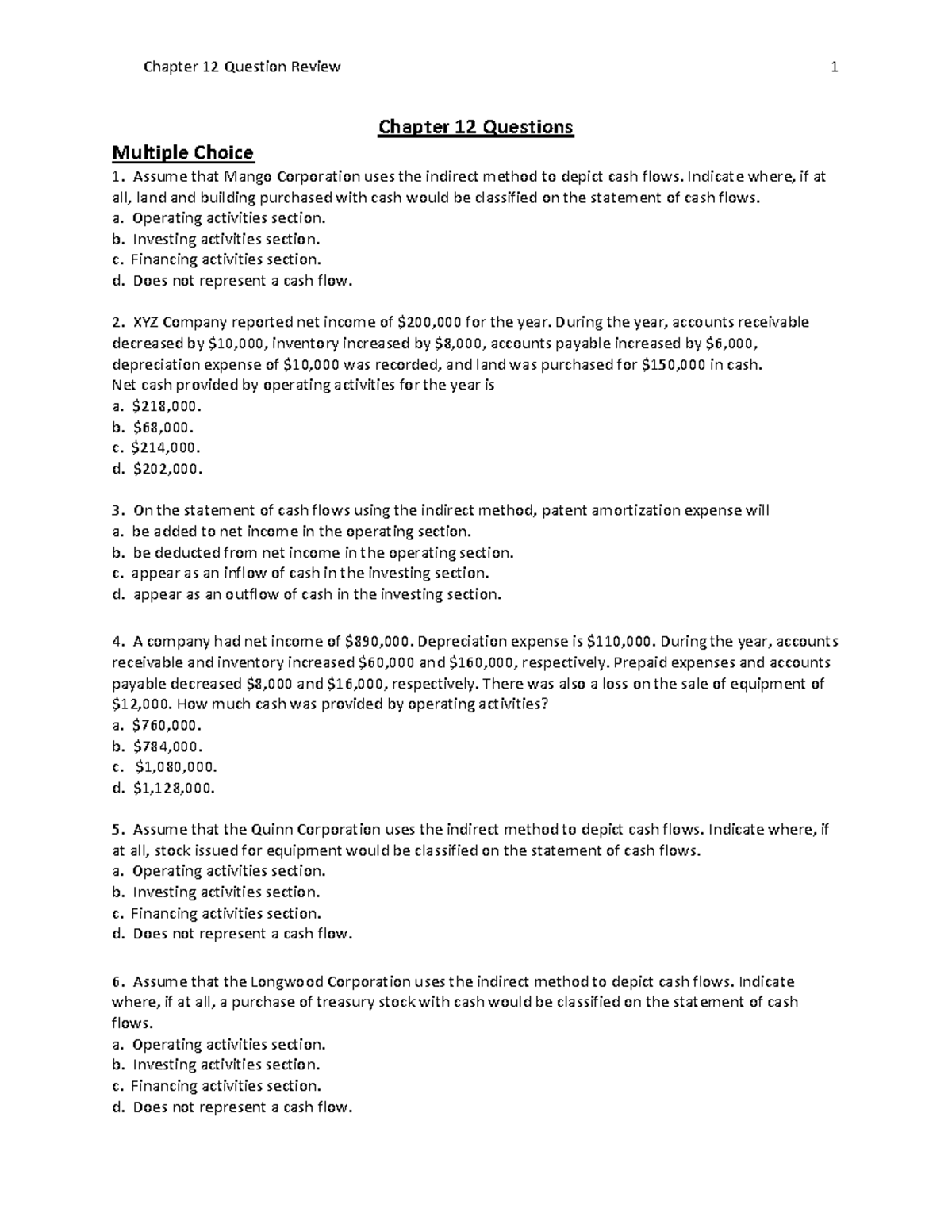 Chapter 12 Question Review - Chapter 12 Questions Multiple Choice ...
