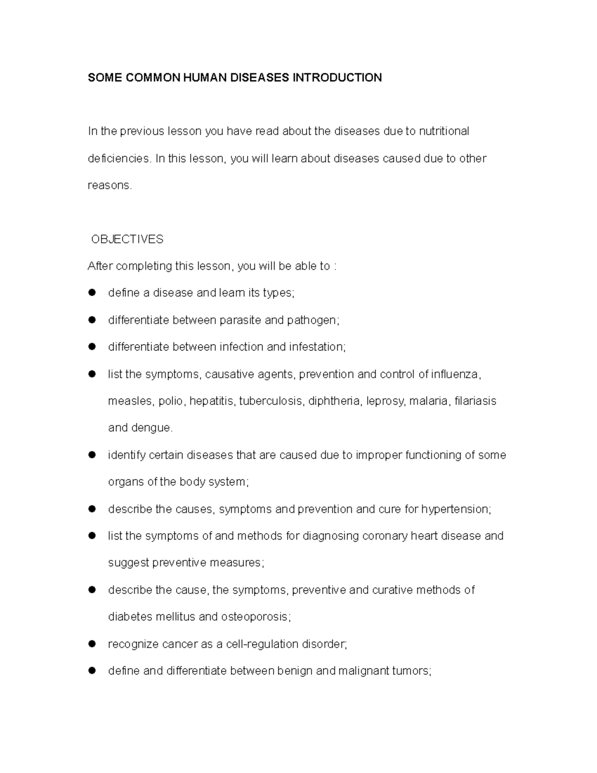 SOME COMMON HUMAN DISEASES INTRODUCTION - In this lesson, you will ...