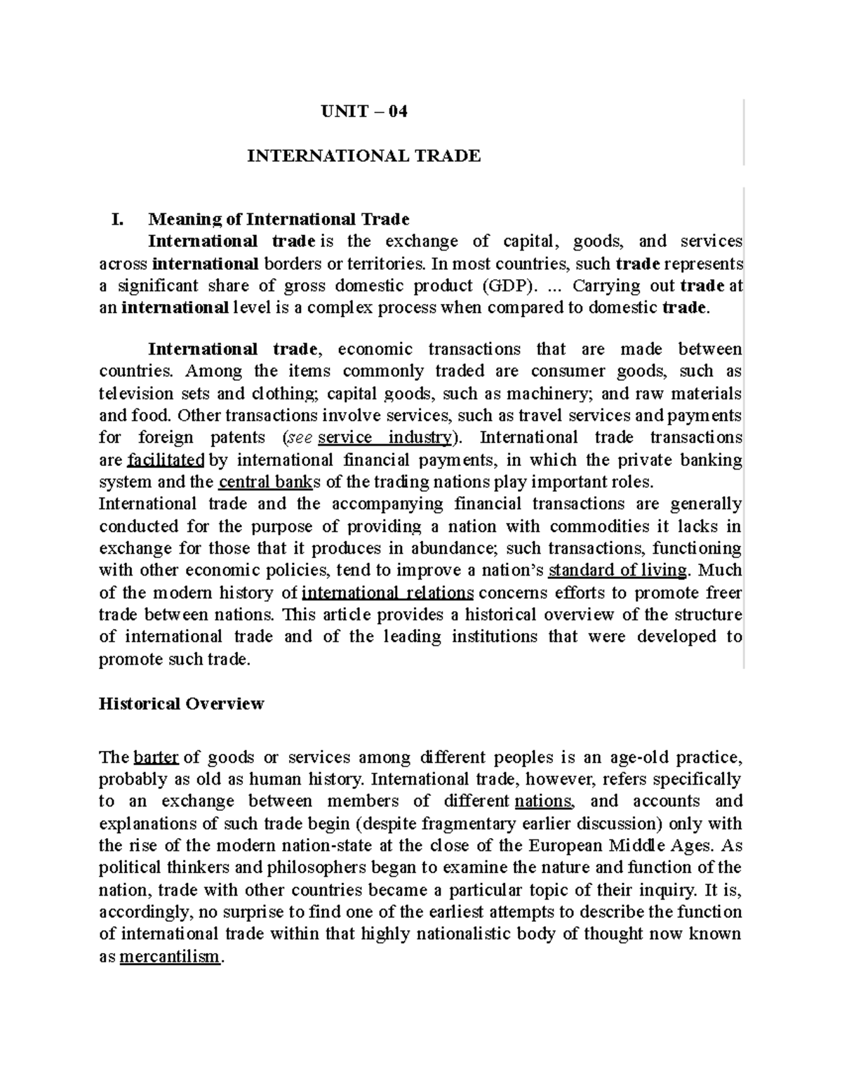 UNIT 4 , Economics II Notes - UNIT – 04 INTERNATIONAL TRADE I. Meaning ...