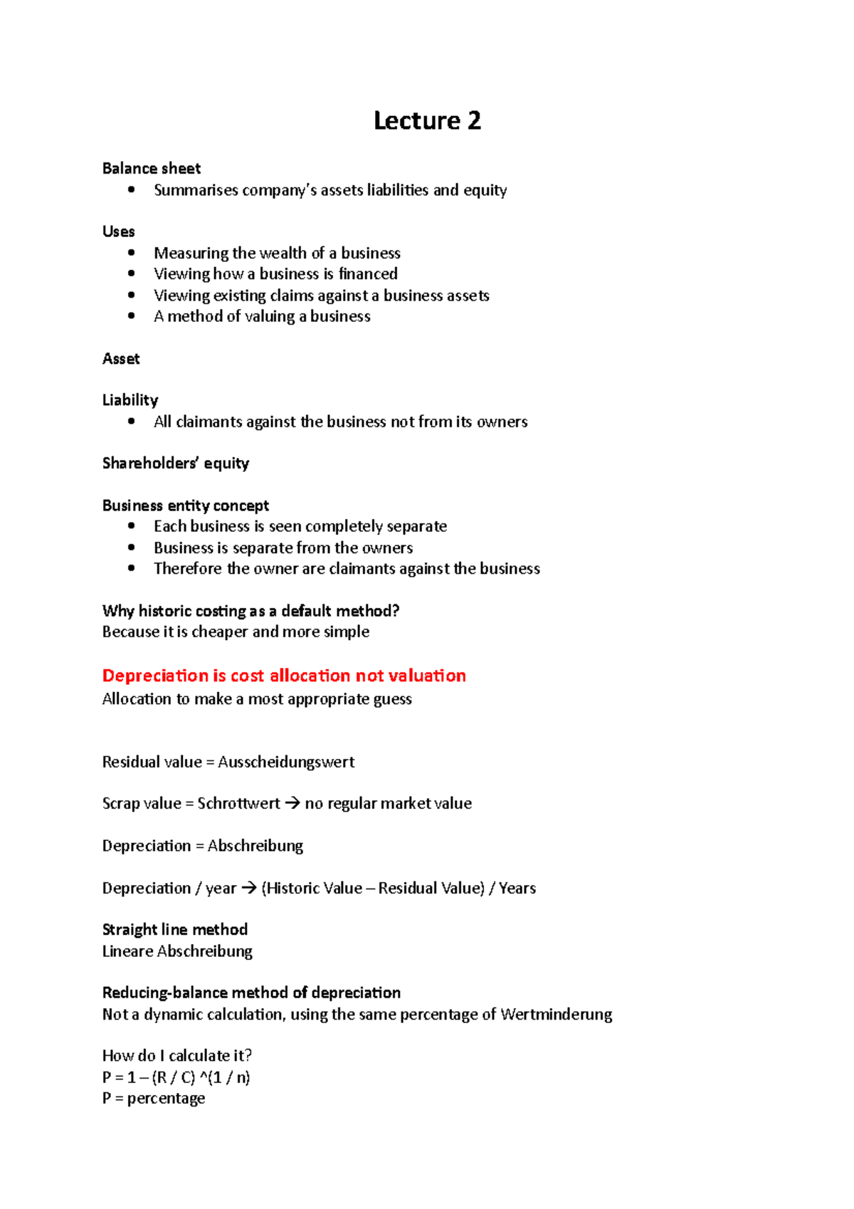 Lecture 2 notes - Financial Accounting - Lecture 2 Balance sheet ...