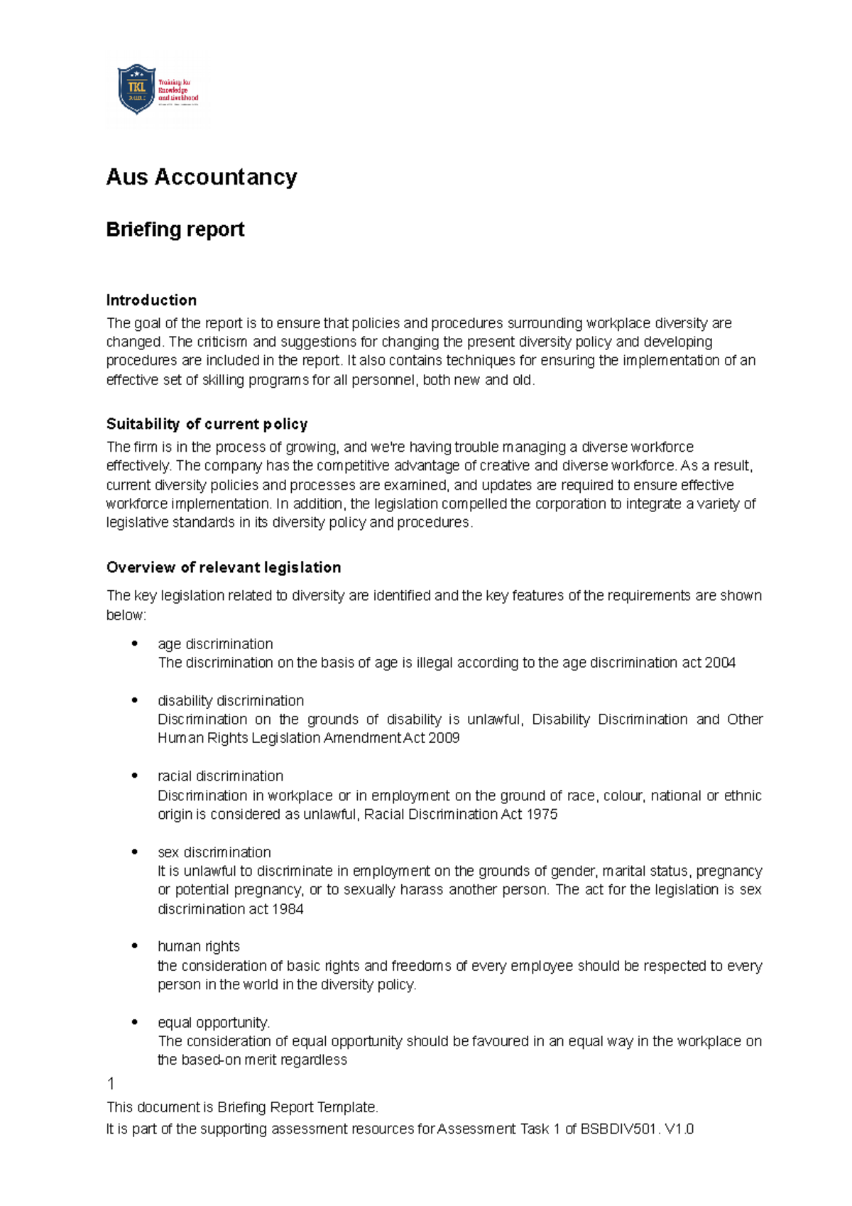 Briefing Report Template on policies and procedure on workforce ...