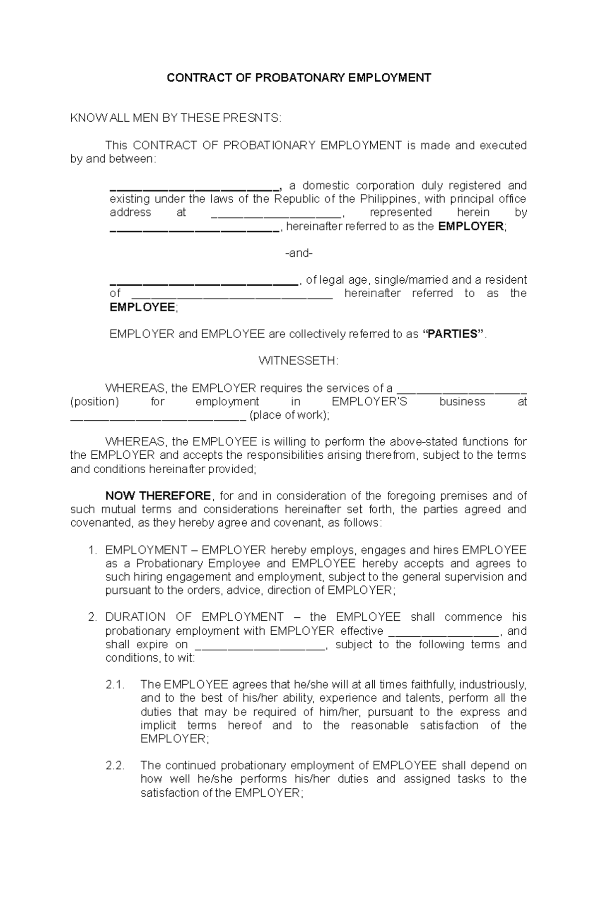 Contract OF Probatonary Employment - CONTRACT OF PROBATONARY EMPLOYMENT ...