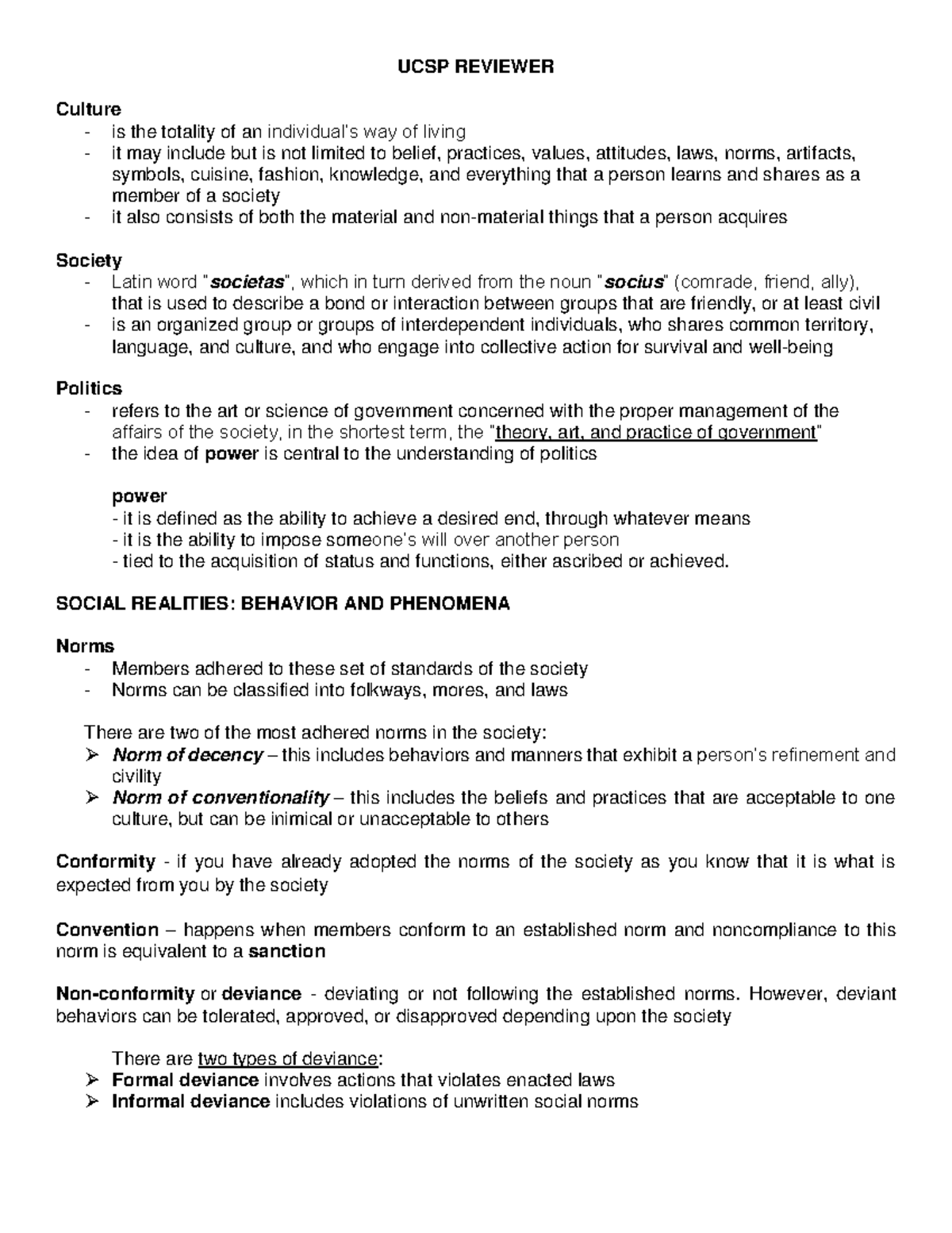 UCSP - notes - UCSP REVIEWER Culture - is the totality of an individual ...