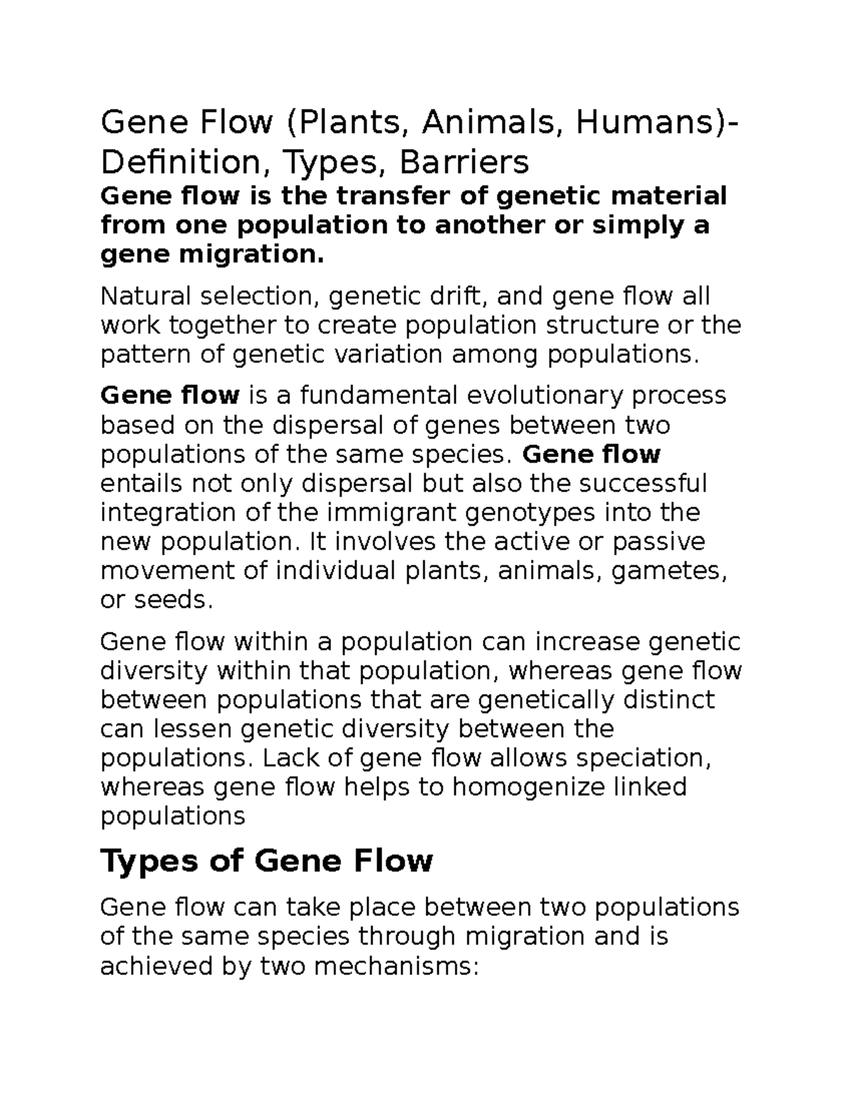 Bio 10 Notes Gene Flow (Plants, Animals, Humans) Definition, Types