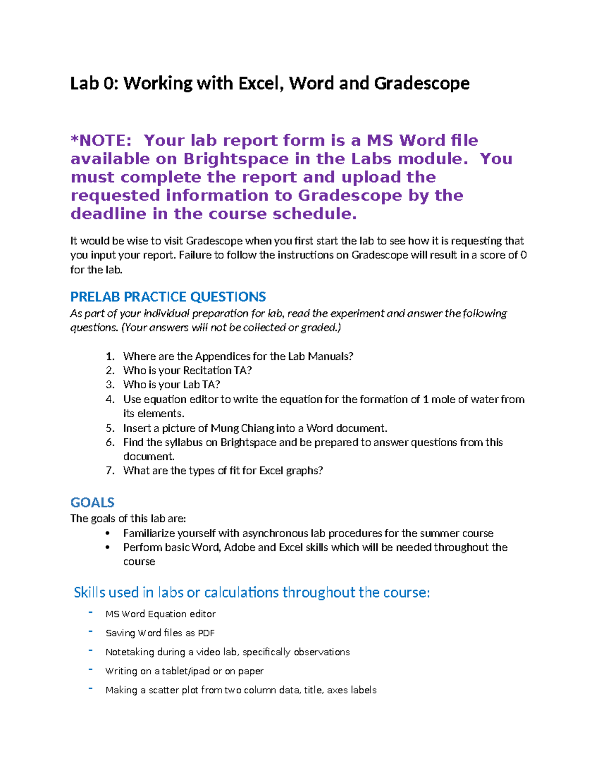 Lab 0 Excel - Lab 0: Working with Excel, Word and Gradescope *NOTE ...