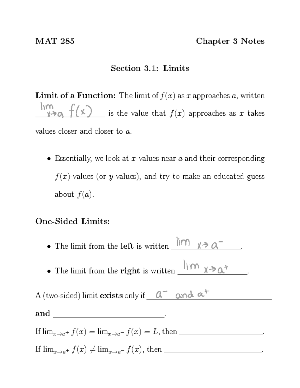 Chapter 3 - MAT 285 Chapter 3 Notes Section 3: Limits Limit of a ...