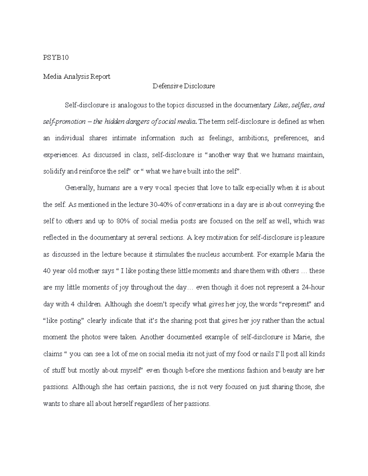 Media assigment - PSYB Media Analysis Report Defensive Disclosure Self ...