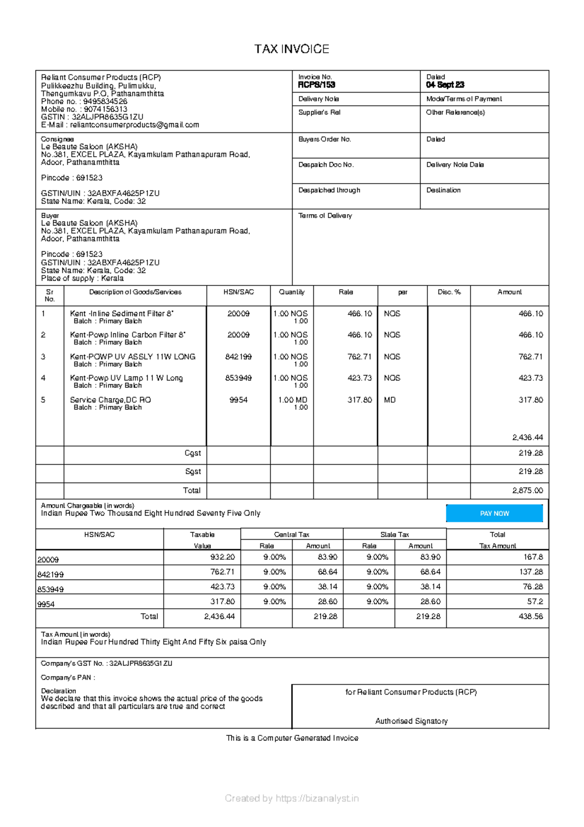 Le Beaute Saloon ( Aksha)-RCPS153-04 Sept 23 - TAX INVOICE This is a ...