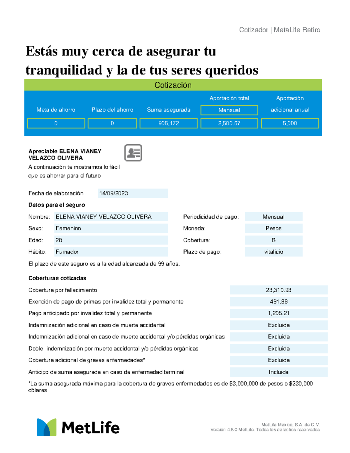 Meta Life Cotizacion 2,500.67 Mensuales Elena Vianey Velazco Olivera ...