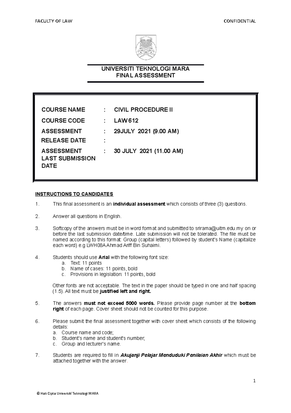 Final Test LAW612 Final Assessment LAW JULY 2021 - FACULTY OF LAW ...