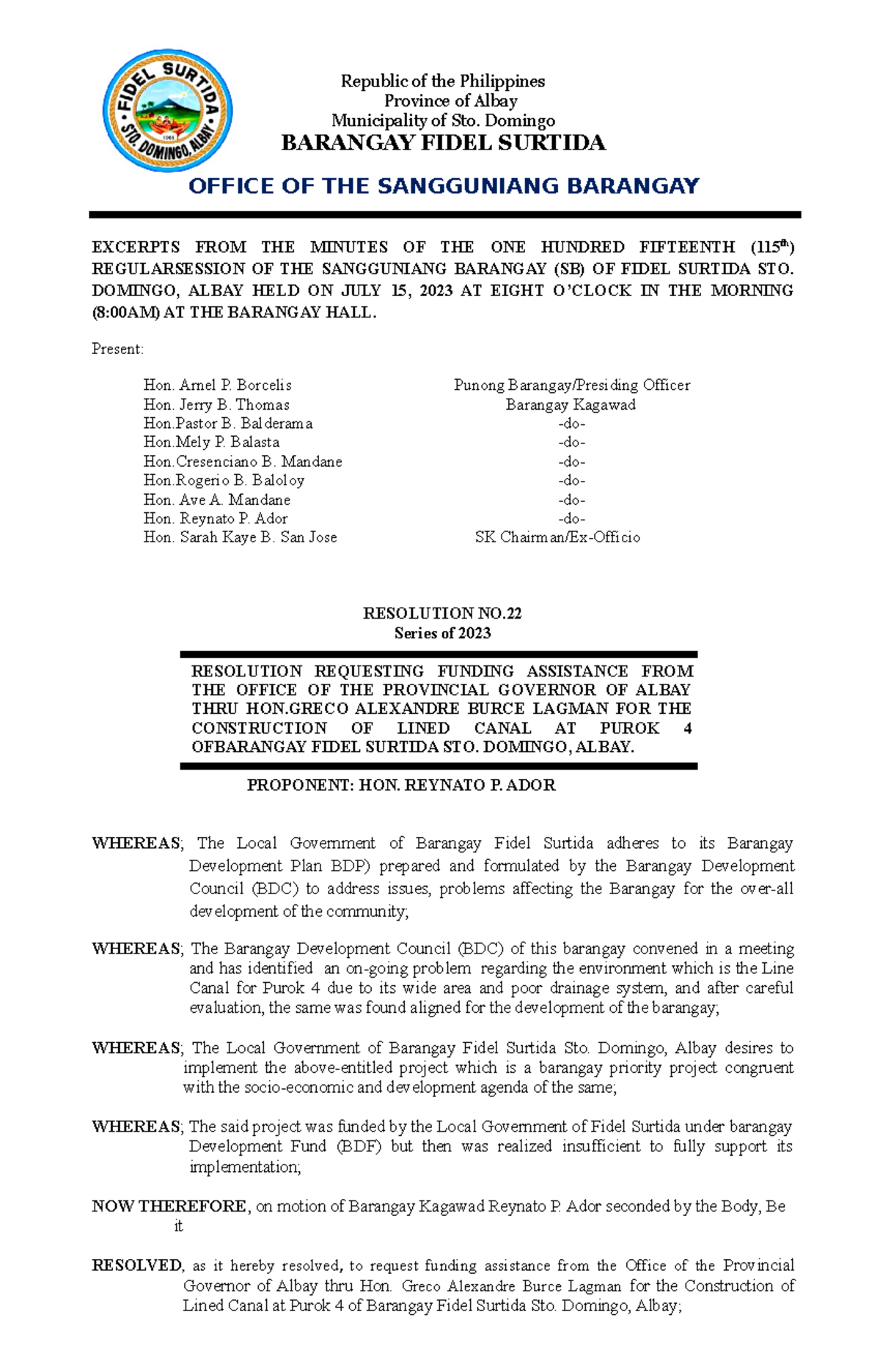 Resolution 22 Series of 2023 ( Lined Canal) Republic of the