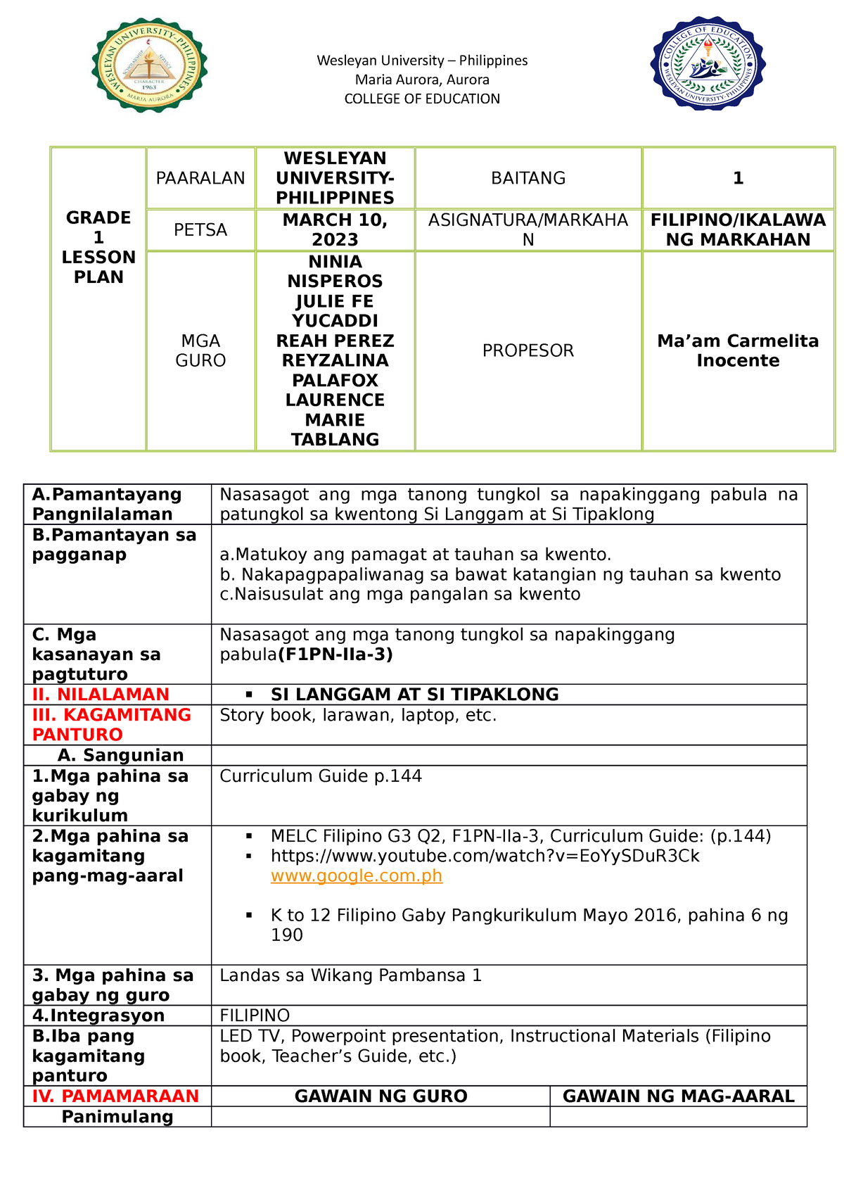 Dlp Filipino 1 None Maria Aurora Aurora College Of Education Grade 1 Lesson Plan Paaralan 2206