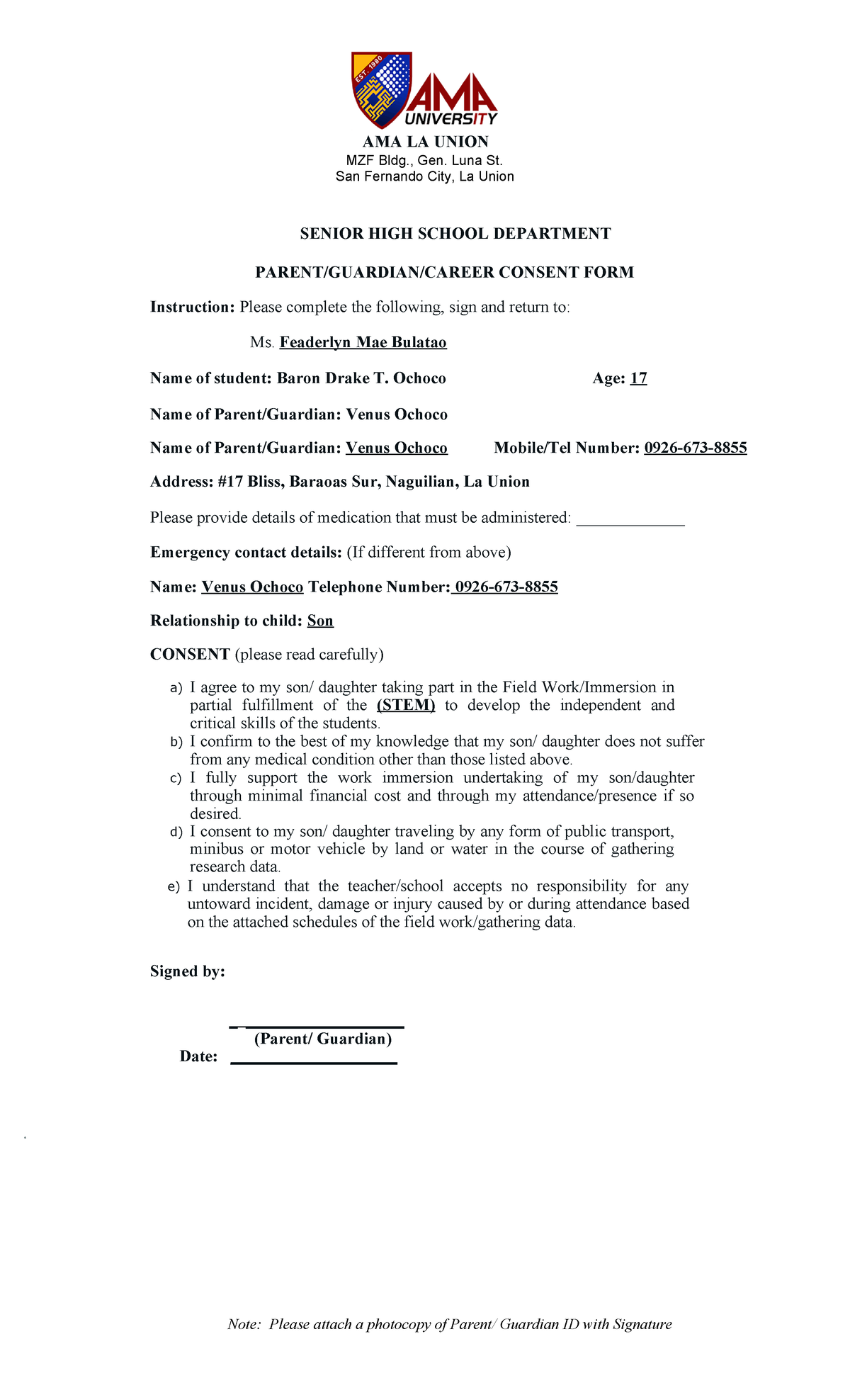 Shswi Consent form Drake AMA LA UNION MZF Bldg., Gen. Luna St. San