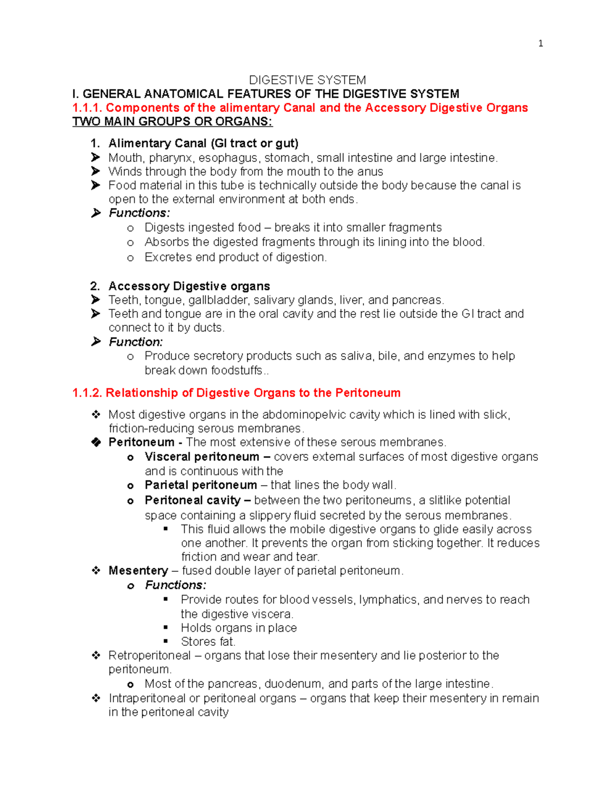 MIdterm 1 Notes - 1 DIGESTIVE SYSTEM I. GENERAL ANATOMICAL FEATURES OF ...