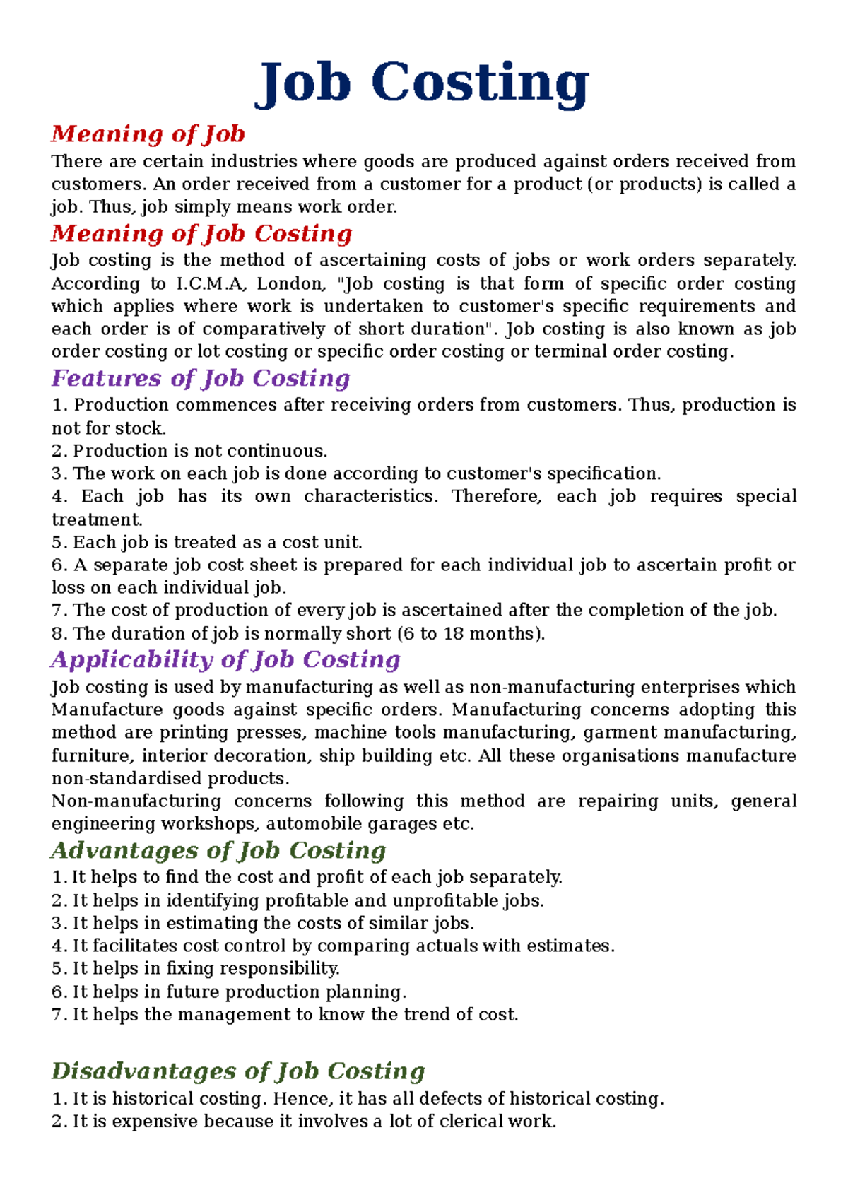 Job Costing Theory Job Costing Meaning of Job There are certain industries where goods are