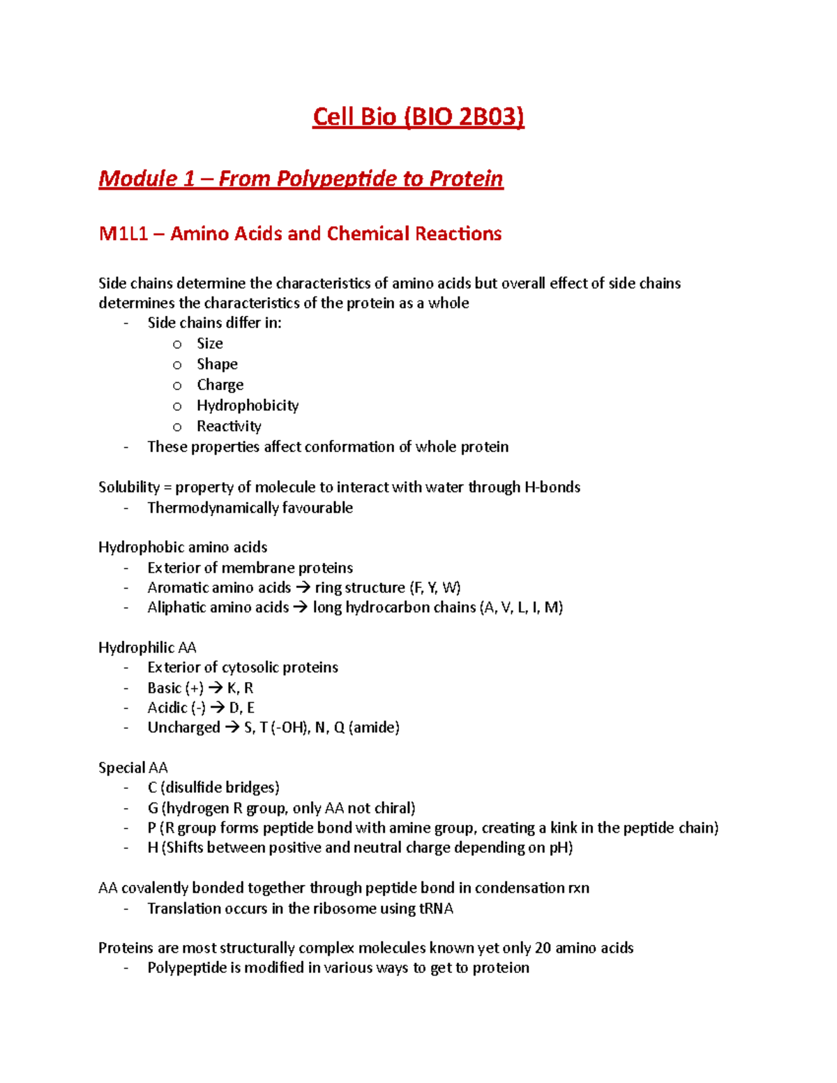 Module 1 cell bio module notes Cell Bio (BIO 2B03) Module 1 From