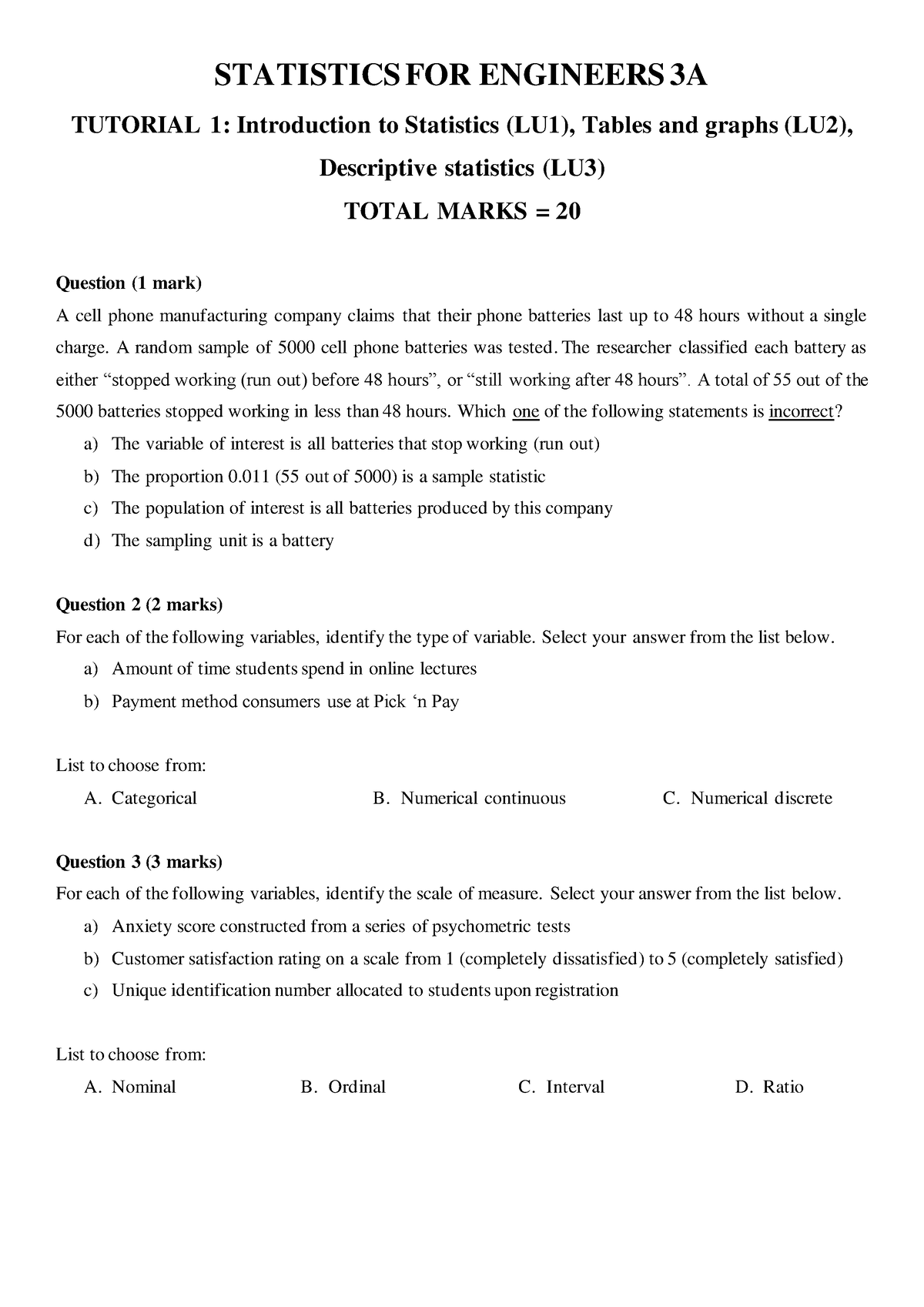 STAE Tutorial 1 2022 - STATISTICS FOR ENGINEERS 3A TUTORIAL 1 ...