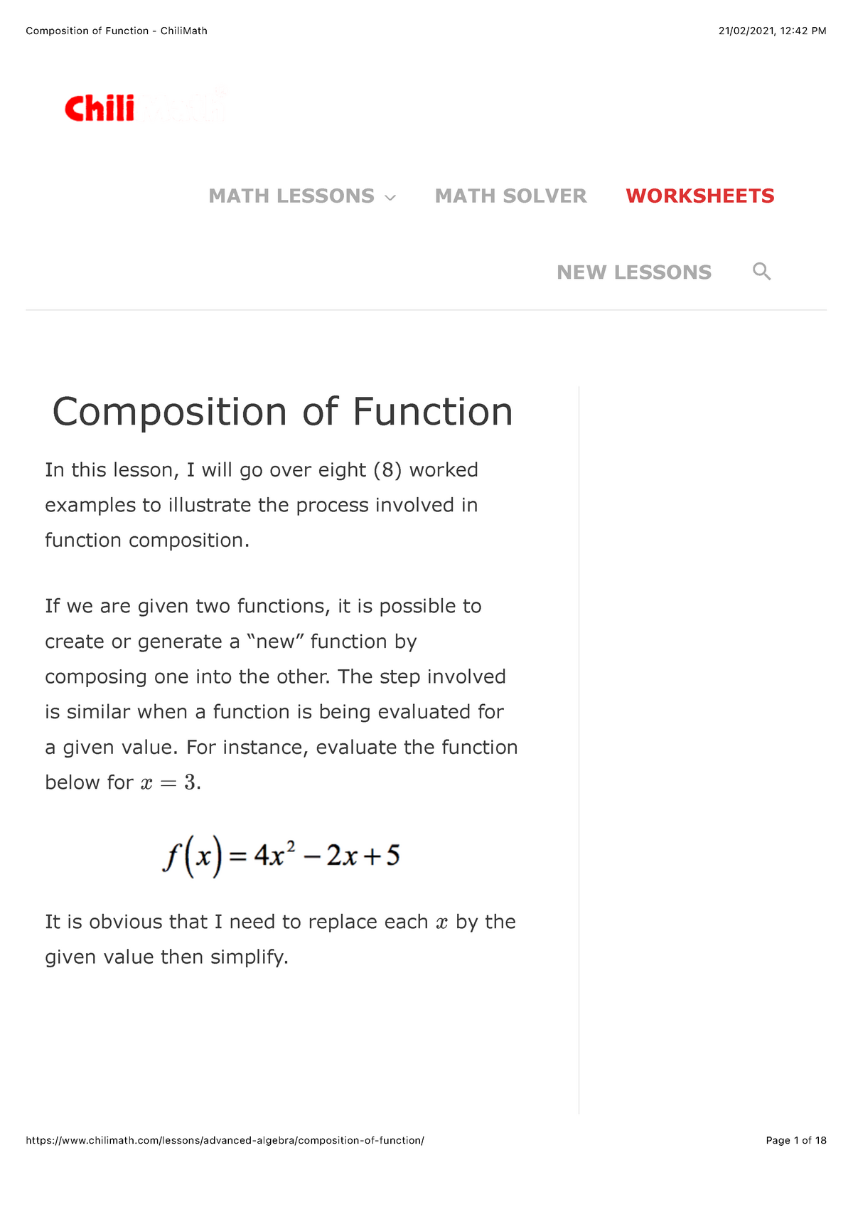 Composition of Function - Chili Math - StuDocu For Composition Of Functions Worksheet