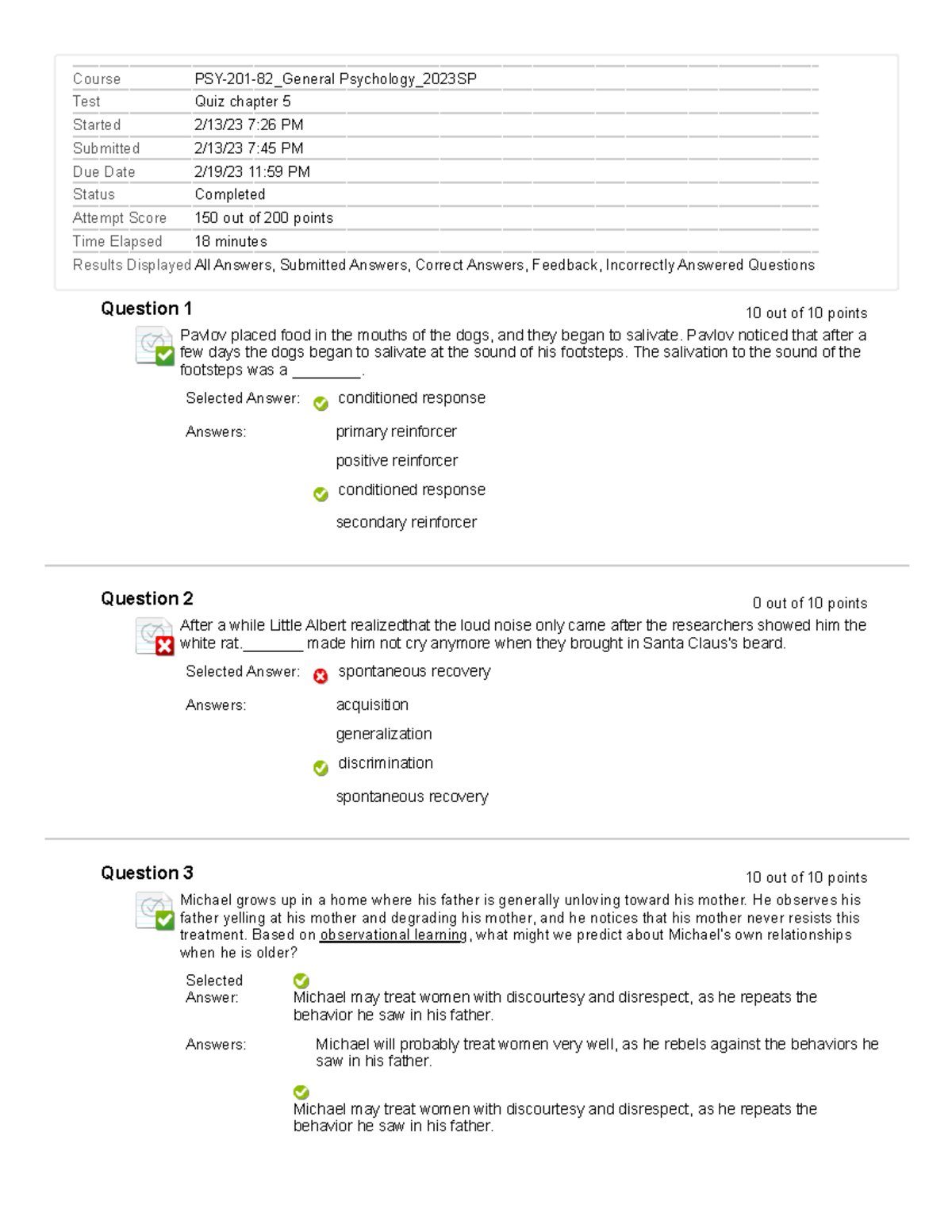 Psy chapter 5 quiz - Christa Guicherit - Course PSY-201-82_General ...