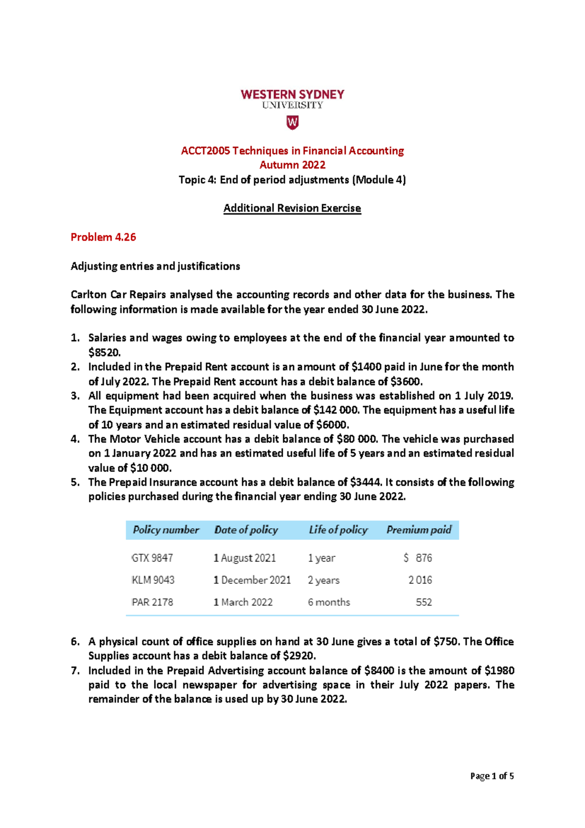 Topic 4 Additional Revision Exercise - ACCT2005 Techniques in Financial ...