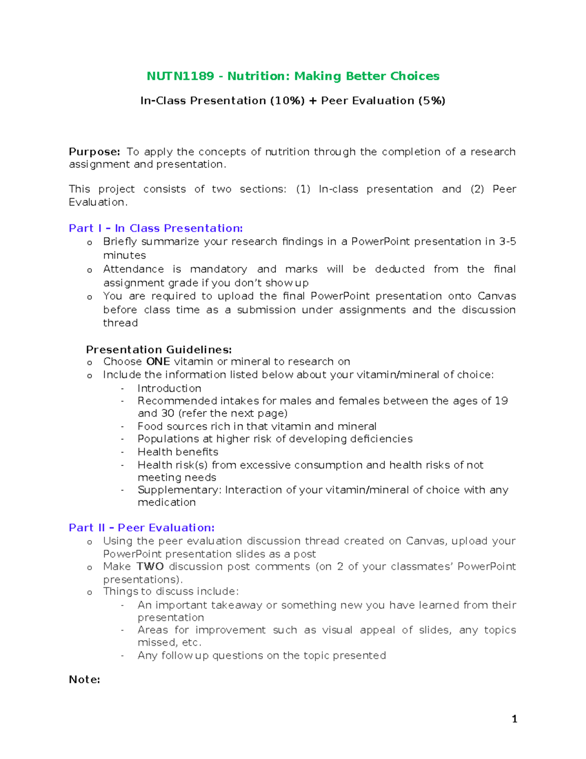 Presentation & Peer Evaluation week 13 - 15% - NUTN1189 - Nutrition ...