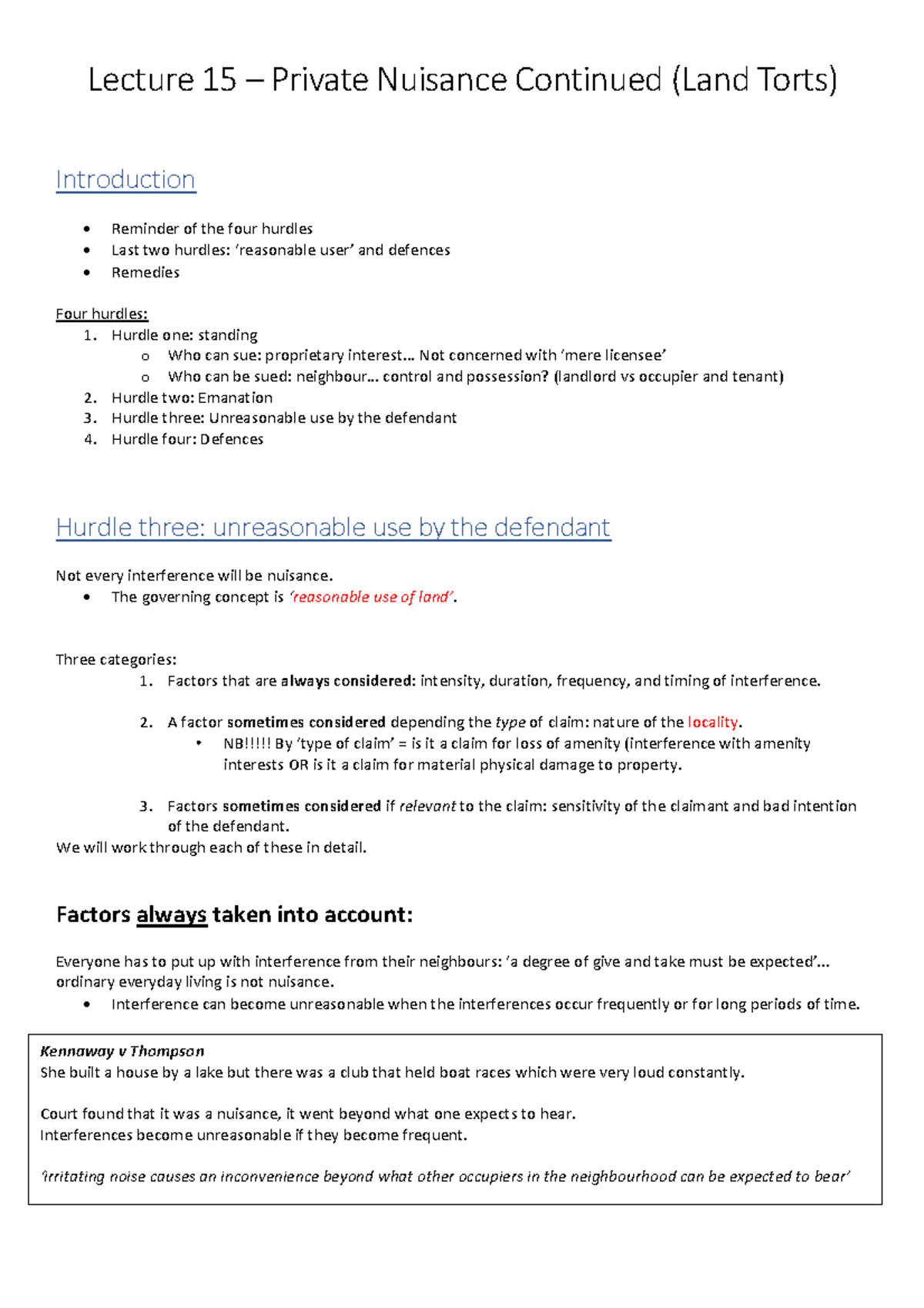 Private Nuisance Part 2 (Land Torts) Lecture 15 notes - Lecture 15 ...