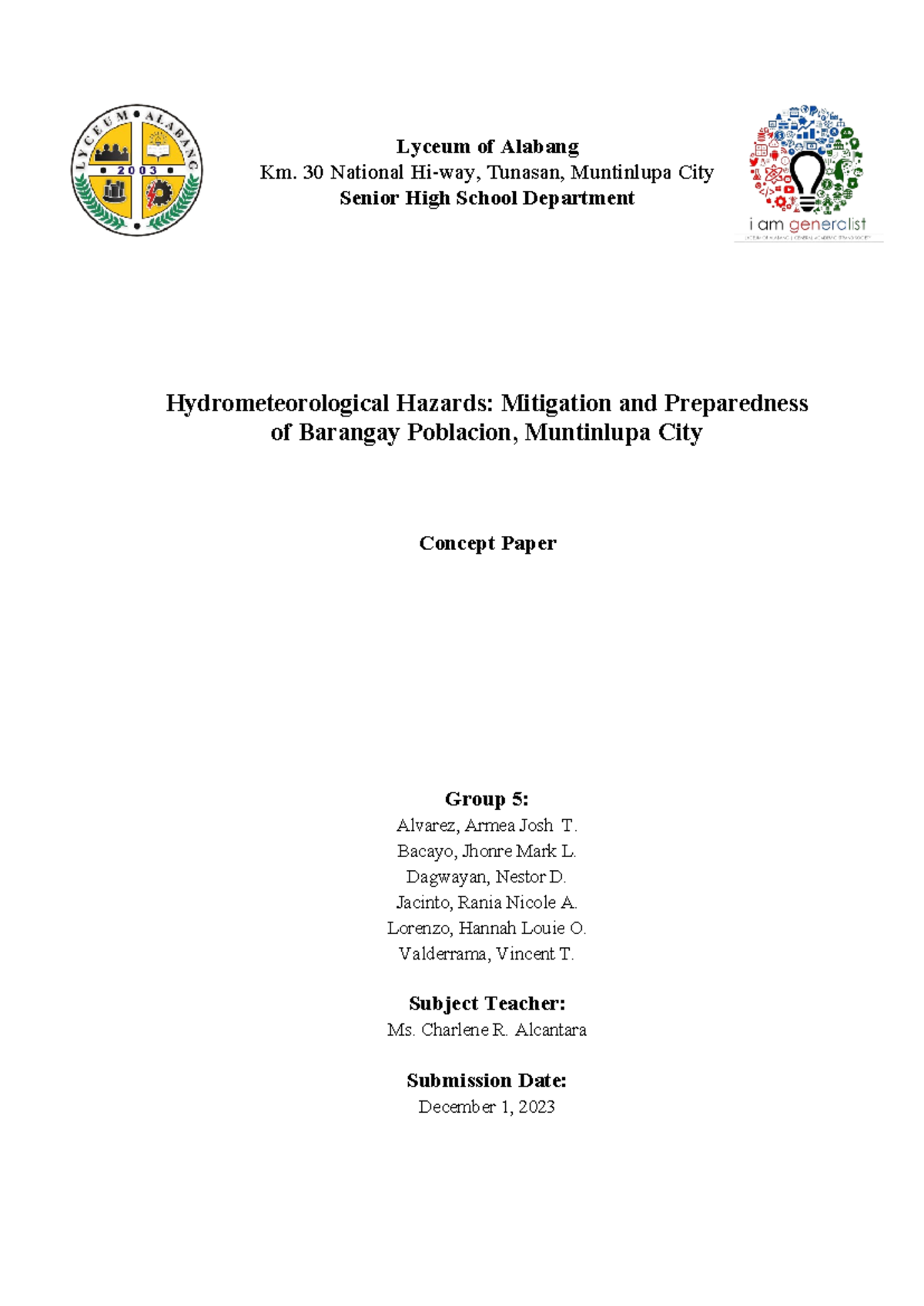 Concept paper - Lyceum of Alabang Km. 30 National Hi-way, Tunasan ...