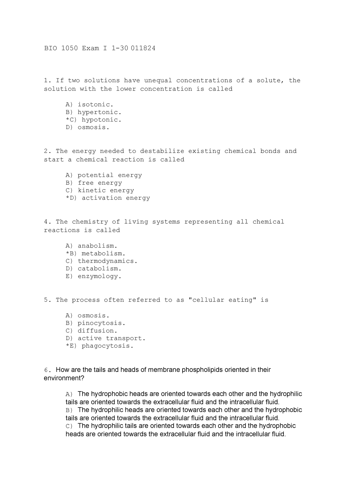 BIO 1050 Exam I Questions W Ans Keys Thomas - BIO 1050 Exam I 1-30 ...