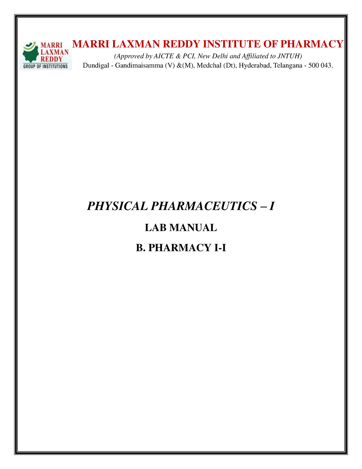 Pharmaceutics I LAB Manual - PHYSICAL PHARMACEUTICS – I LAB MANUAL B ...