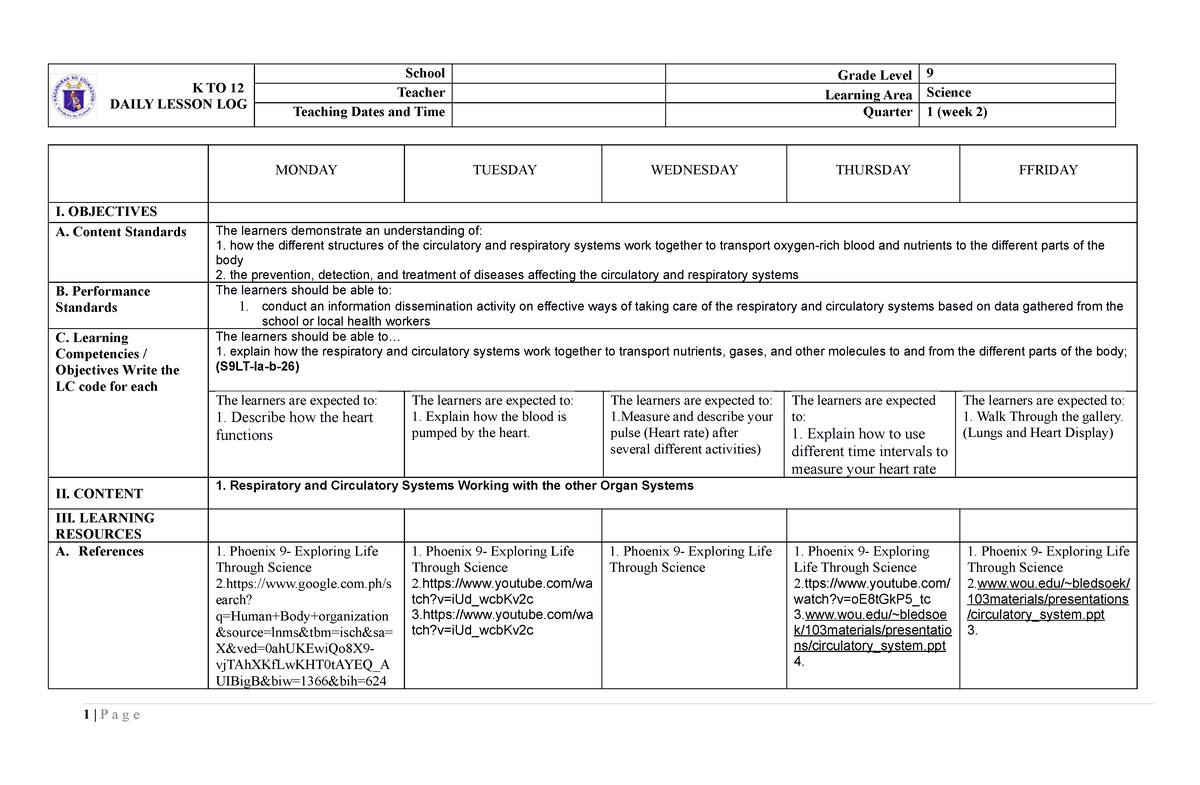 DLL Science 9 Q1 WEEK 2   Jjdjduj   K TO 12 DAILY LESSON LOG School