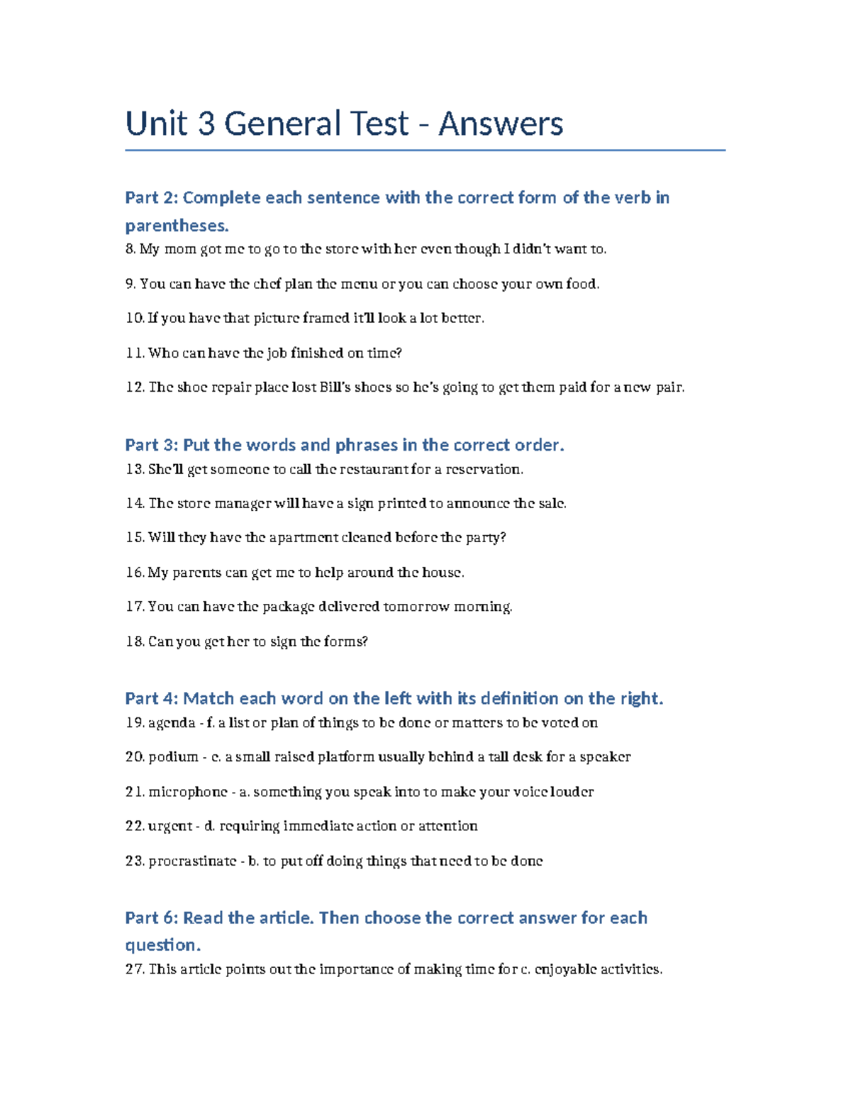 Unit 3 General Test Answers - Unit 3 General Test - Answers Part 2 ...