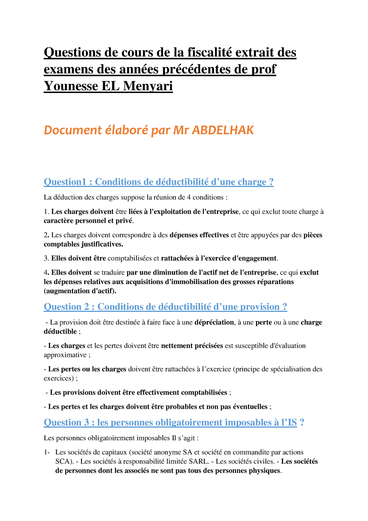 Réponses Aux Questions De Cours Fiscalité - Questions De Cours De La ...