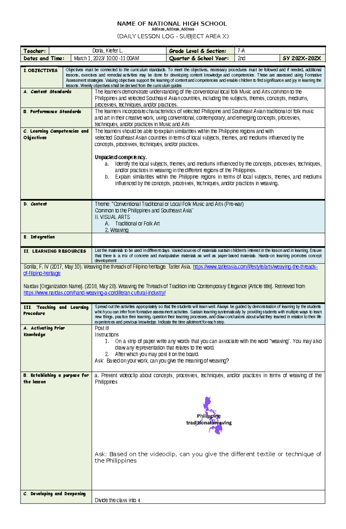 Sample for BSU-CTE DLL-Daily copy - NAME OF NATIONAL HIGH SCHOOL ...