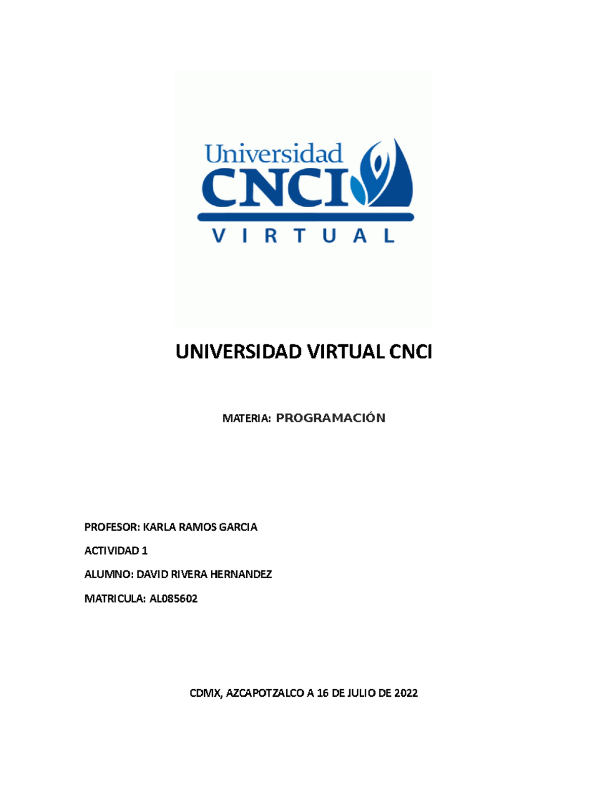 Actividad 1 Programacion - UNIVERSIDAD VIRTUAL CNCI MATERIA ...