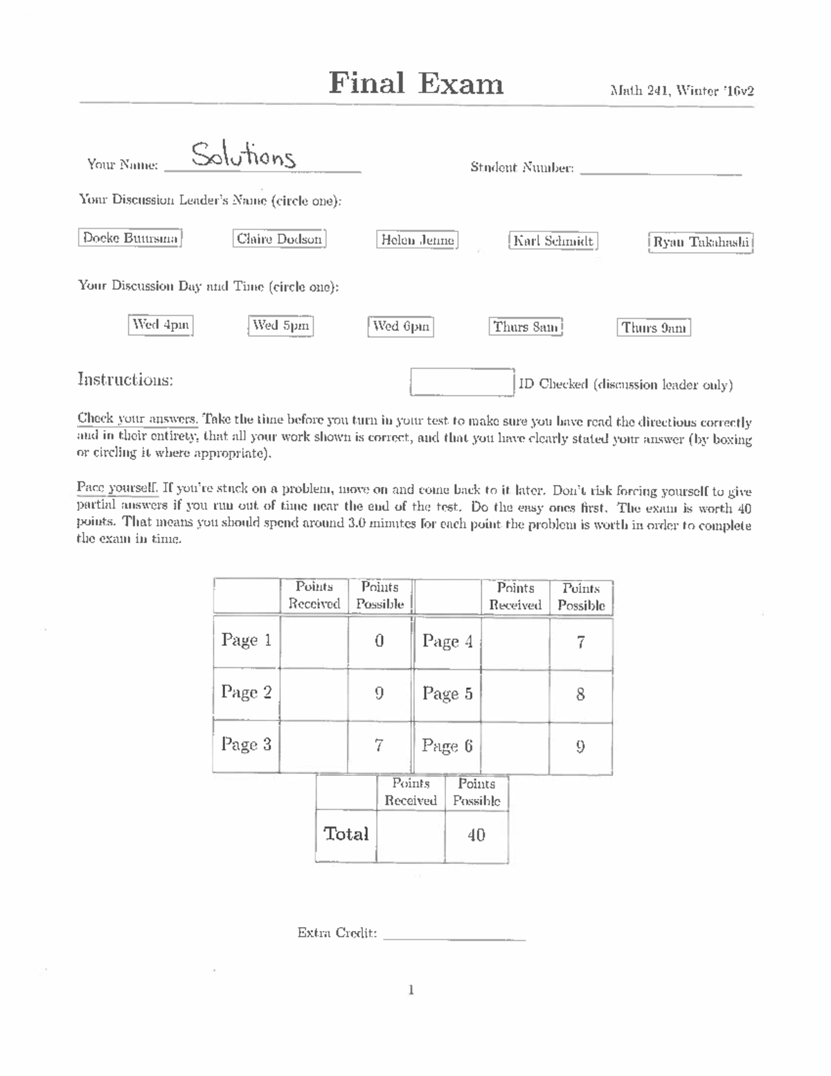 Sample Final Exam B Solutions (Math 241, Winter '17) - Final Exam Math ...