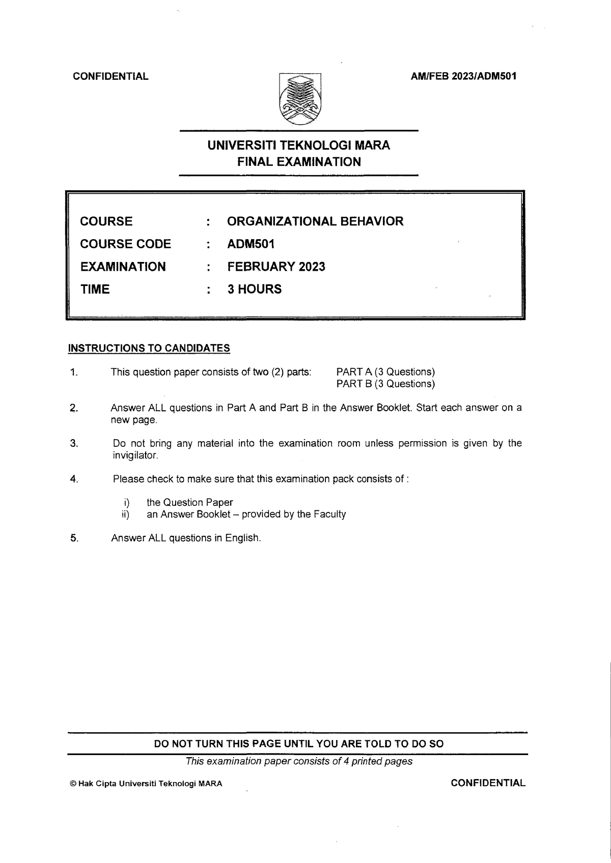 ADM501 - Exam Paper February 2023 - UNIVERSITI TEKNOLOGI MARA FINAL ...