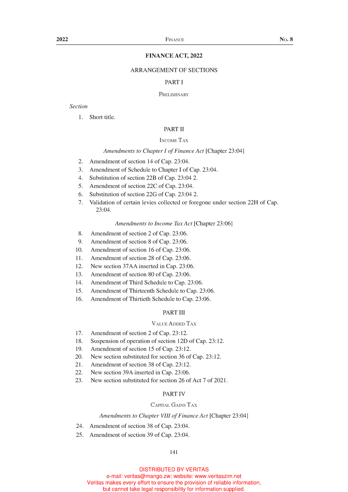 Act No. 8 of 2022 Finance ACT 2022 Finance N o. 8 141 FINANCE ACT