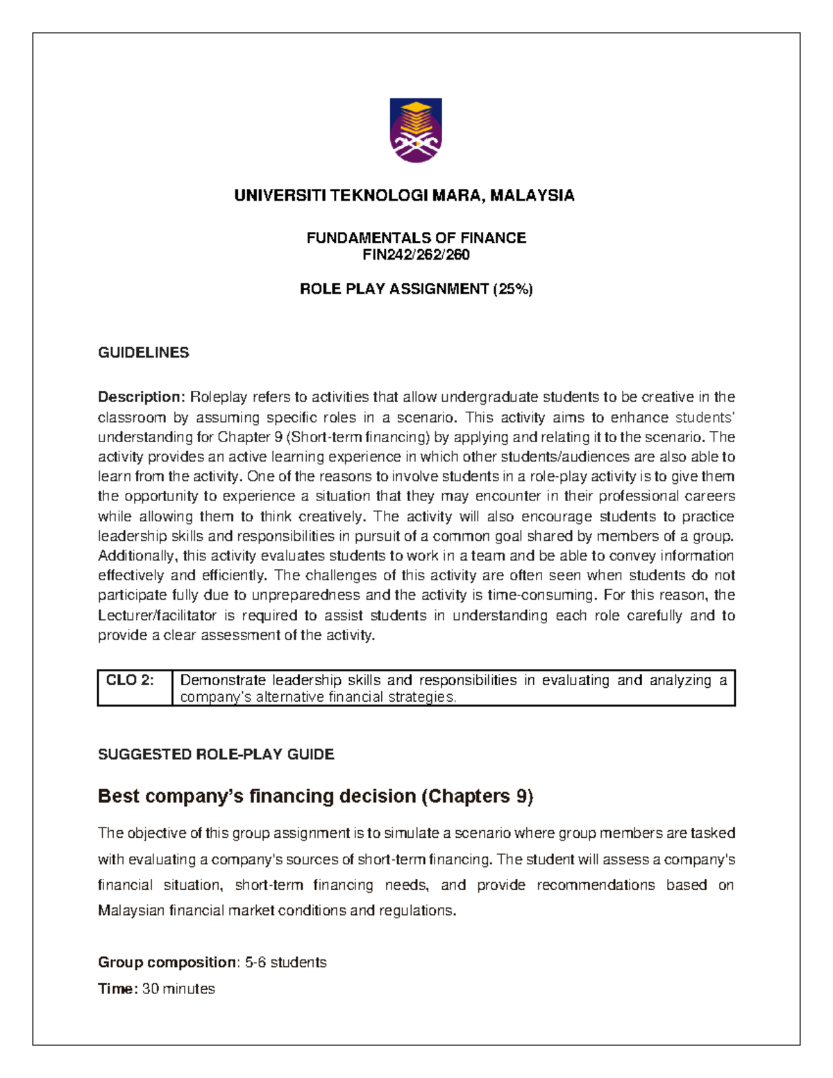 ROLE PLAY Assignment (25%) MAC24 - FUNDAMENTALS OF FINANCE FUNDAMENTALS ...