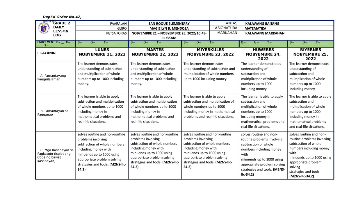 DLL MATH2 Q2 W3 - GRADE 2 DAILY LESSON LOG PAARALAN SAN ROQUE ...