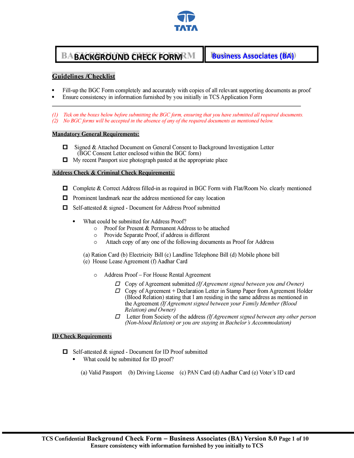 Sample New BGC form Version 8 hbsdhshdhsgdhsgdhgshdgh - TCS Confidential  Background Check Form – - Studocu