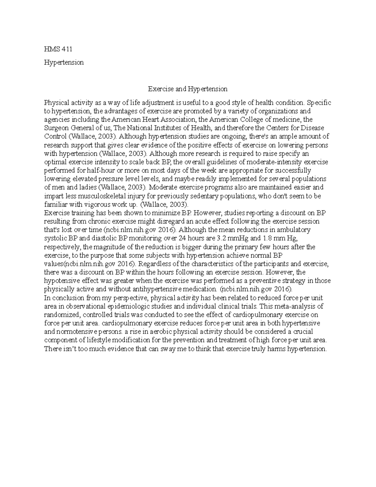 HMS 411 Assignment 5 - HMS 411 Hypertension Exercise and Hypertension ...