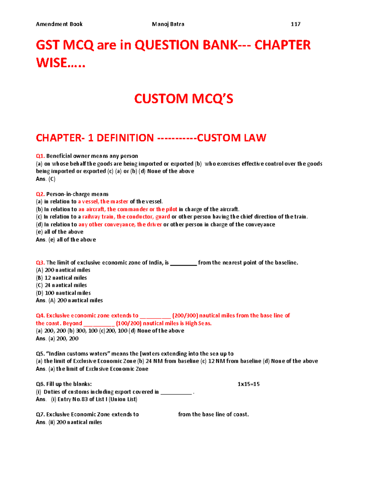 Custom MCQs by Manoj Batra Sir Notes For Study GST MCQ Are In