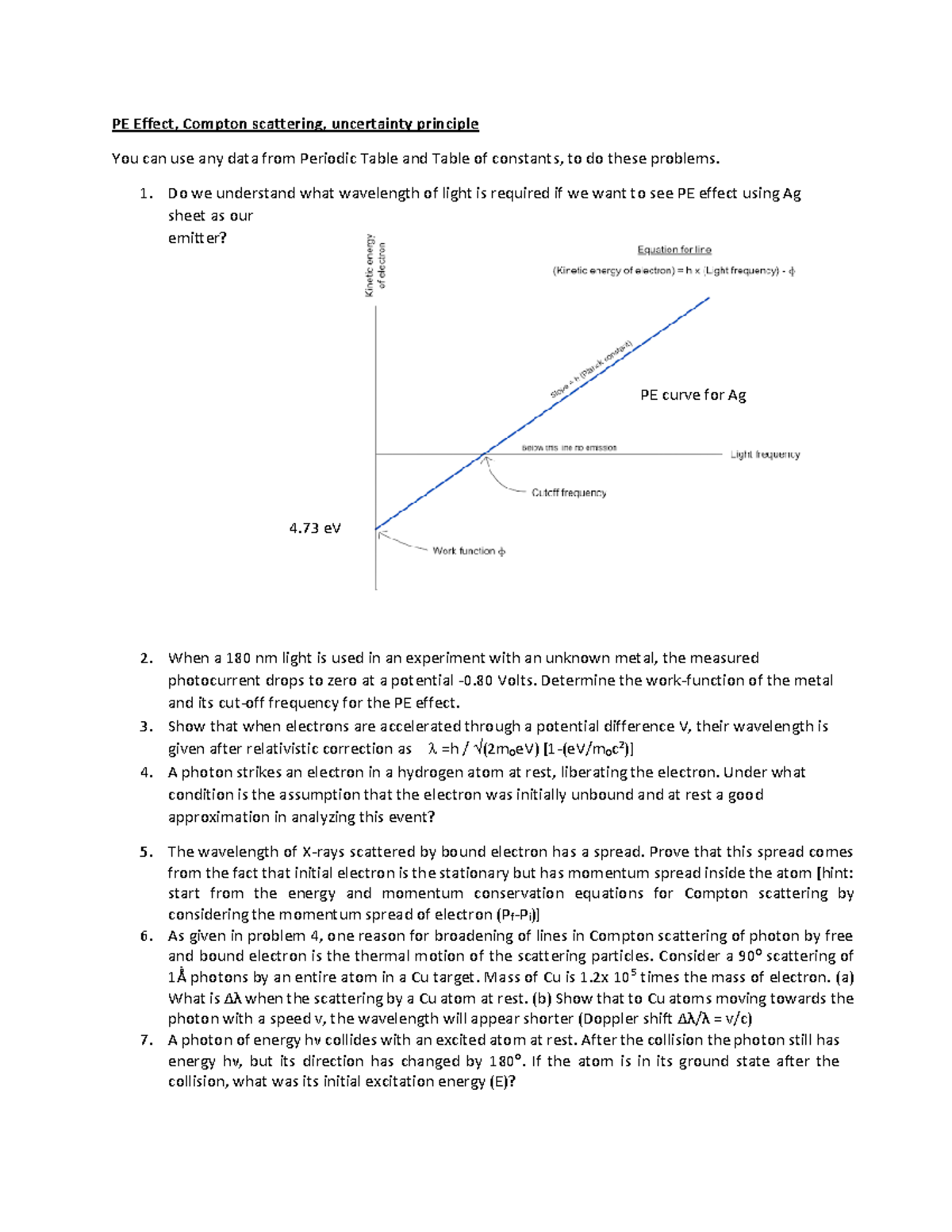 Tutorial sheet 2 - PE Effect, Compton scattering, uncertainty principle ...