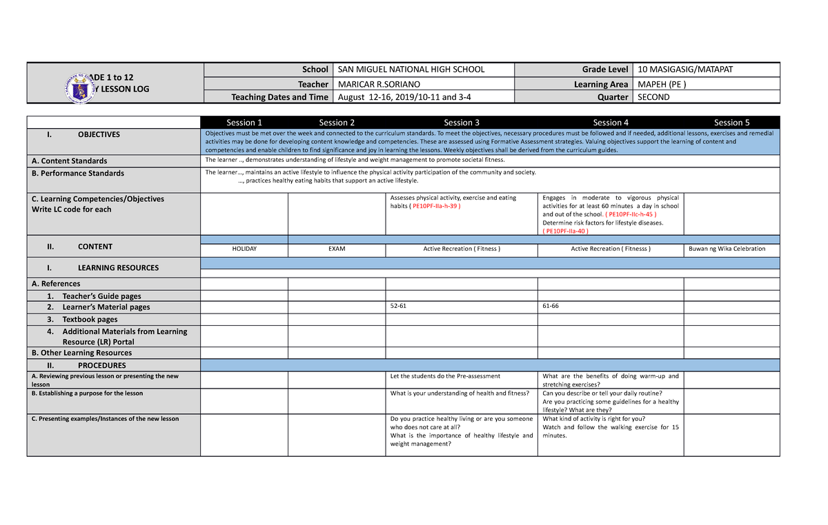 August 12-16 - DLL in Ap 10 - GRADE 1 to 12 DAILY LESSON LOG School SAN ...