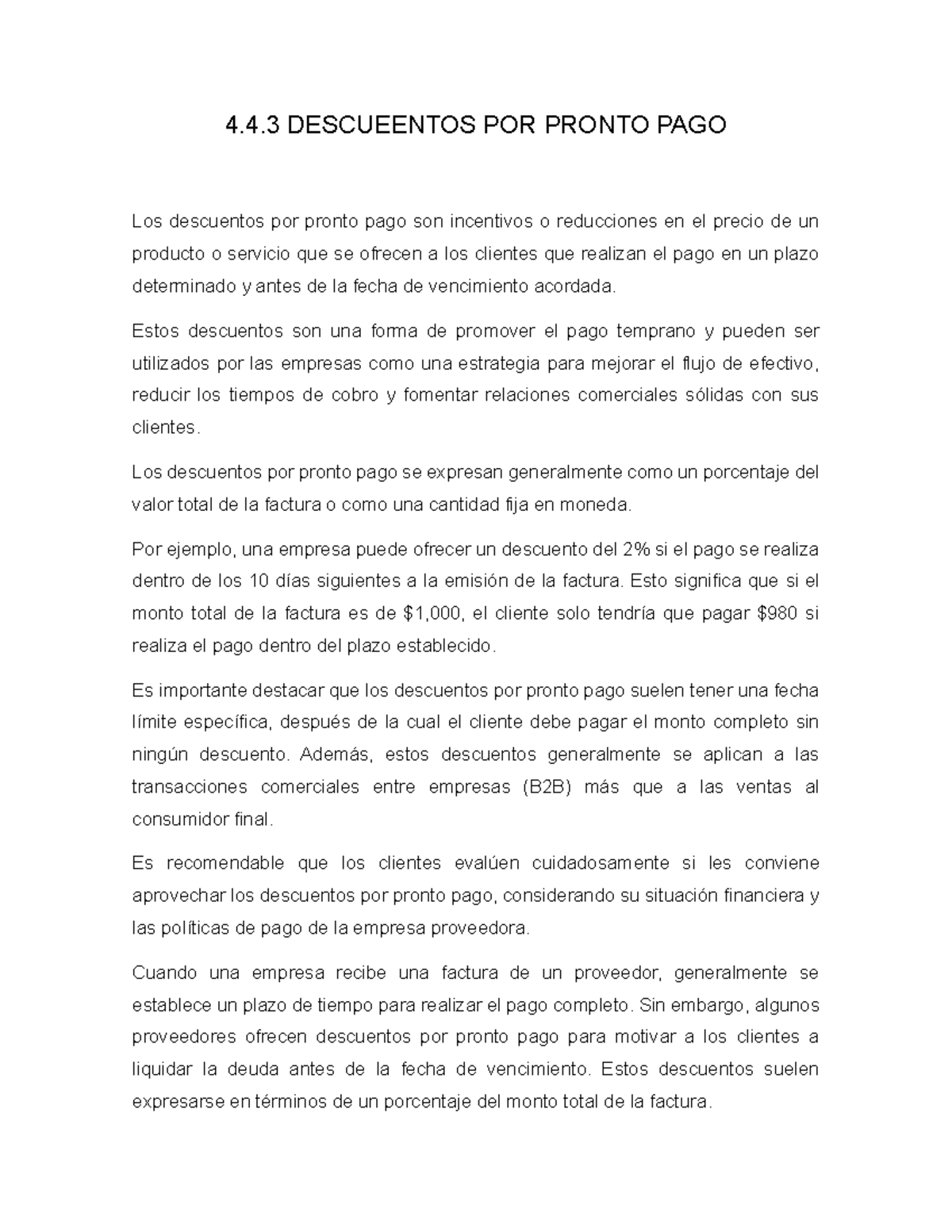 TEMA Finanzas - 4.4 DESCUEENTOS POR PRONTO PAGO Los descuentos por ...
